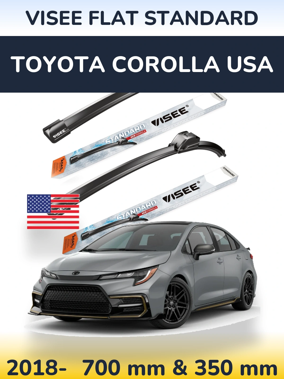 Sada předních stěračů VISEE FLAT STANDARD 700 a 350 mm pro Toyota Corolla USA 2018-2026