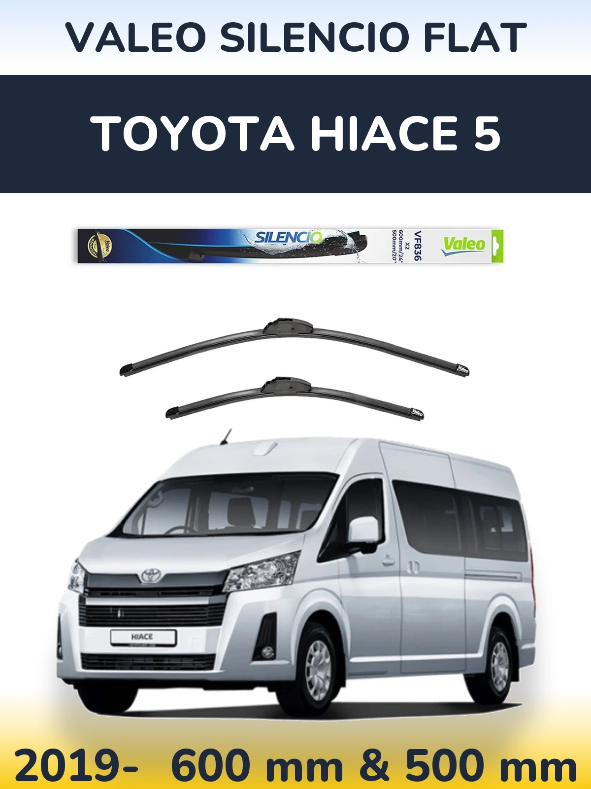 Sada předních stěračů Valeo Silencio Flat 600 a 500 mm pro Toyota Hiace 5 2019-2026