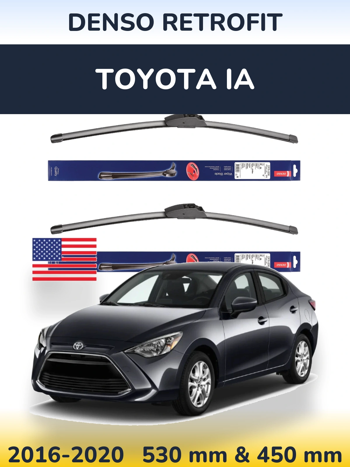 Sada předních stěračů Denso Retrofit 530 a 450 mm pro Toyota iA 2016-2020