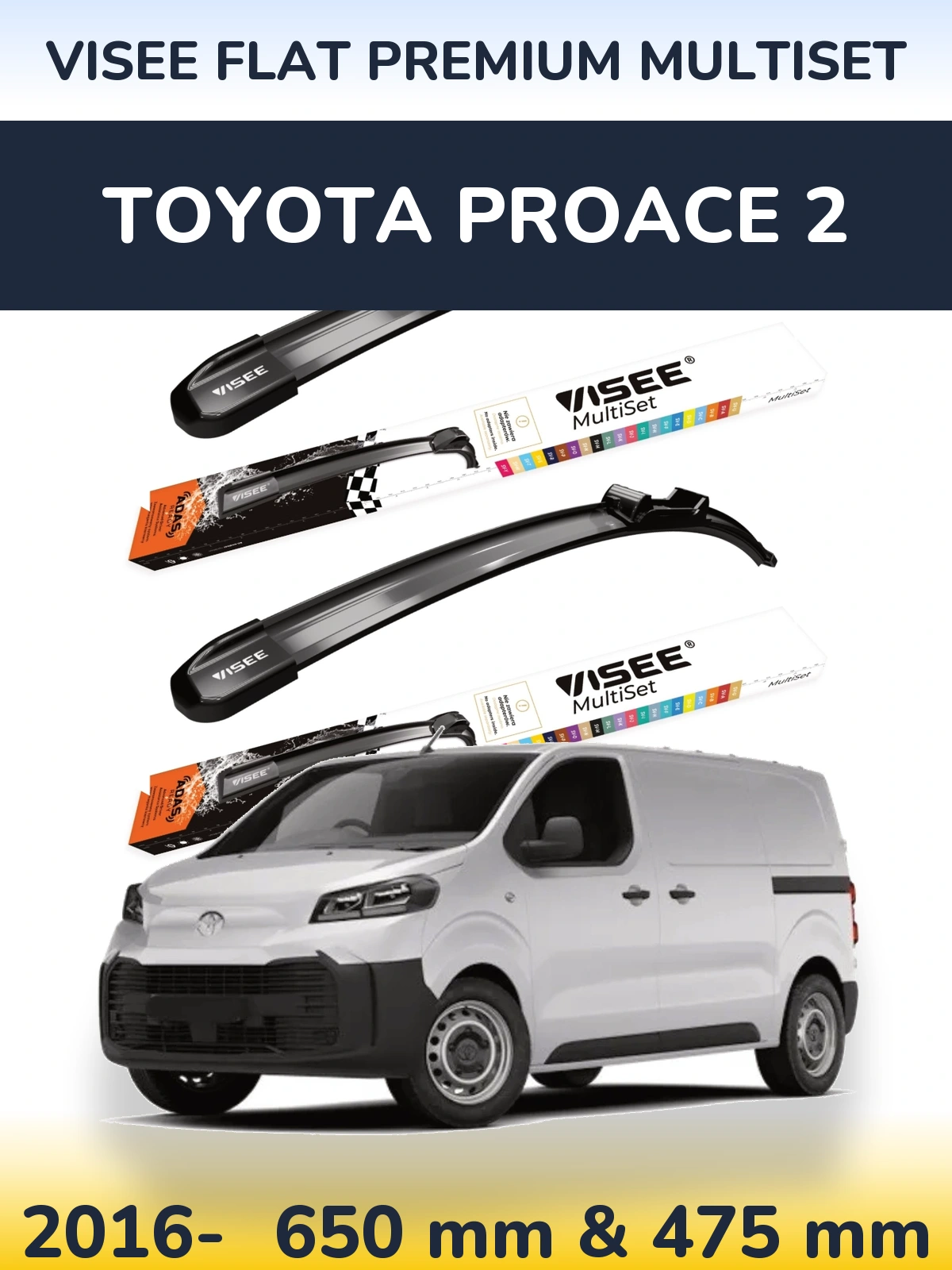 Sada předních stěračů VISEE FLAT PREMIUM MultiSet 650 a 475 mm pro Toyota ProAce 2 2016-2026