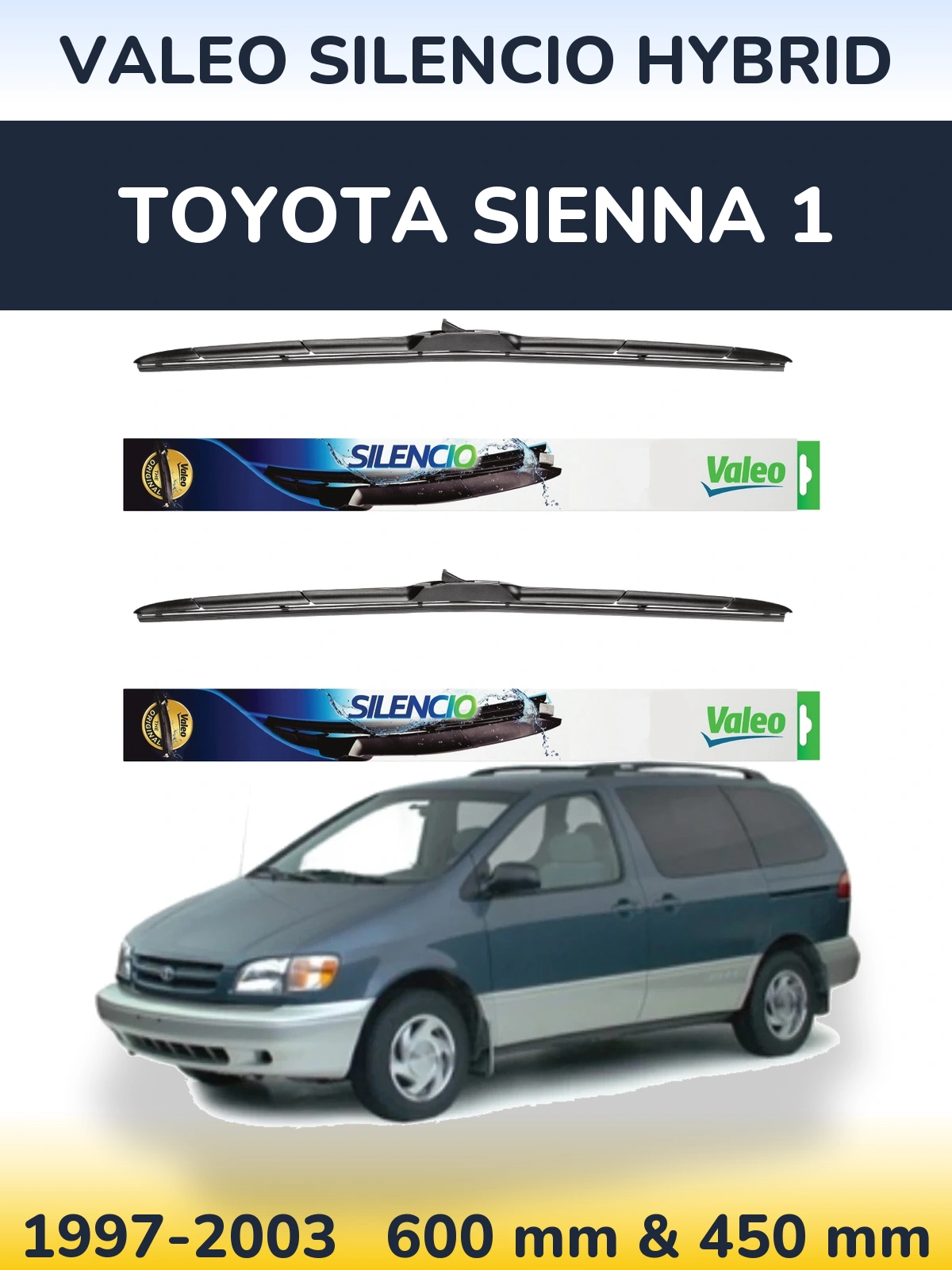 Sada předních stěračů Valeo Silencio Hybrid 600 a 450 mm pro Toyota Sienna 1 1997-2003