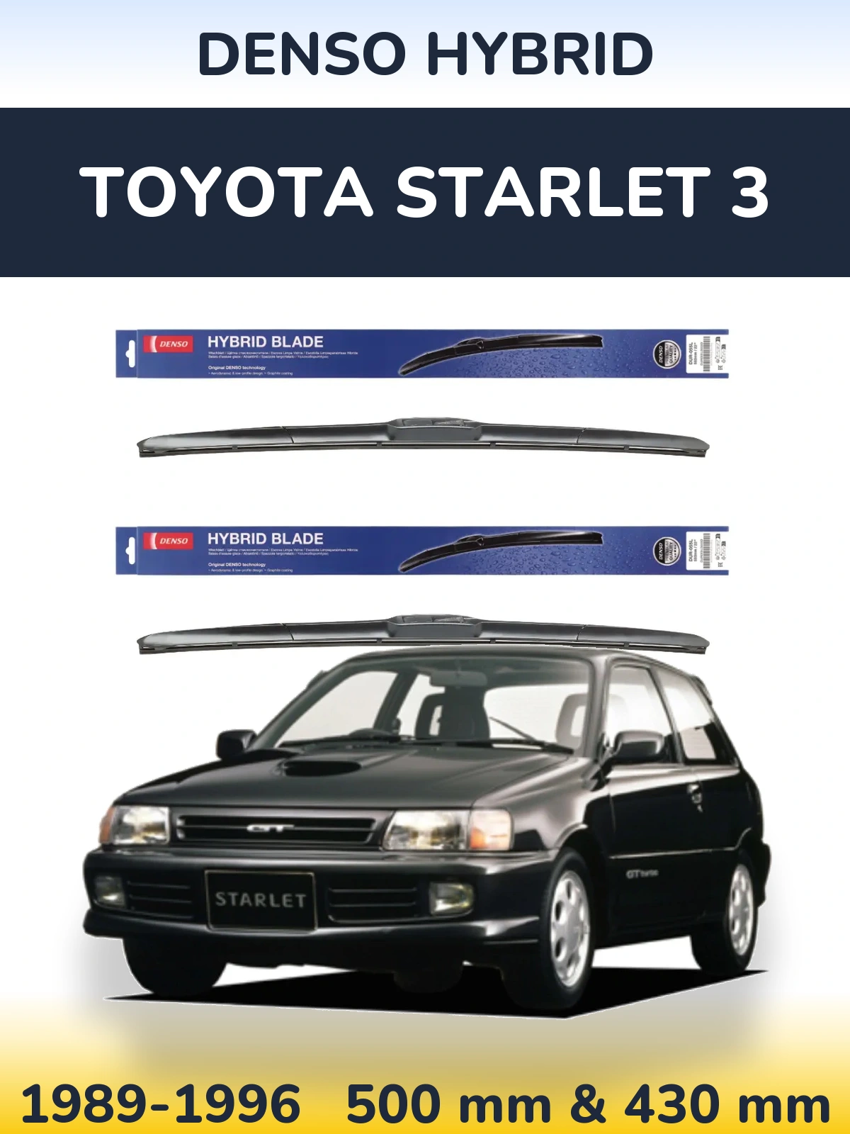 Sada předních stěračů Denso Hybrid 500 a 430 mm pro Toyota Starlet 3 1989-1996