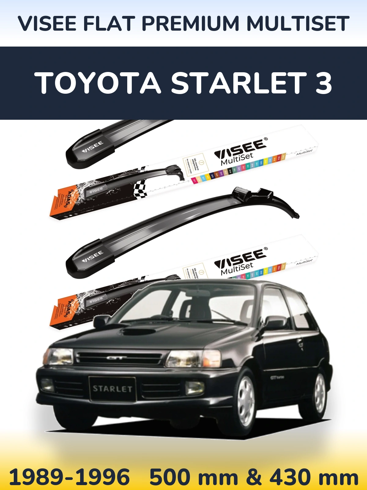 Sada předních stěračů VISEE FLAT PREMIUM MultiSet 500 a 430 mm pro Toyota Starlet 3 1989-1996
