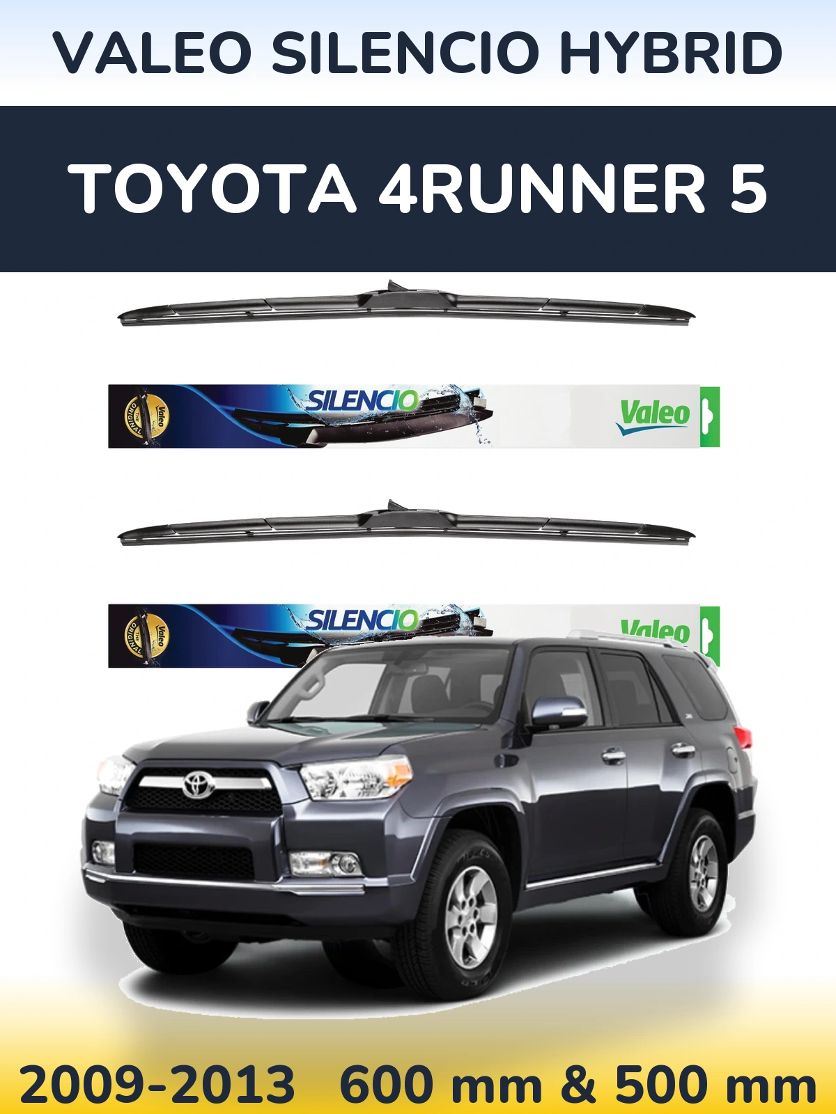 Sada předních stěračů Valeo Silencio Hybrid 600 a 500 mm pro Toyota 4Runner 5 2009-2013