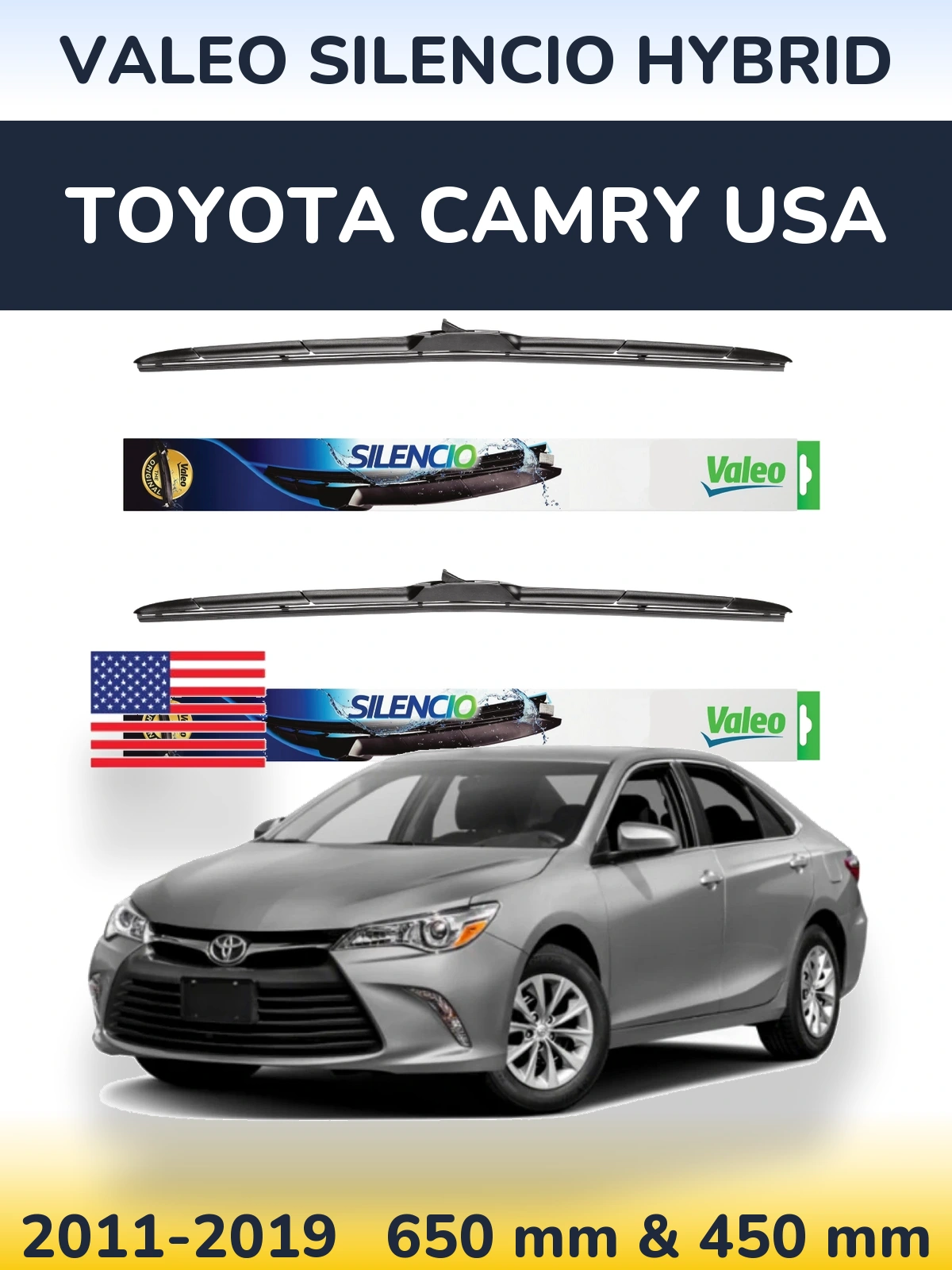 Sada předních stěračů Valeo Silencio Hybrid 650 a 450 mm pro Toyota Camry USA 2011-2019