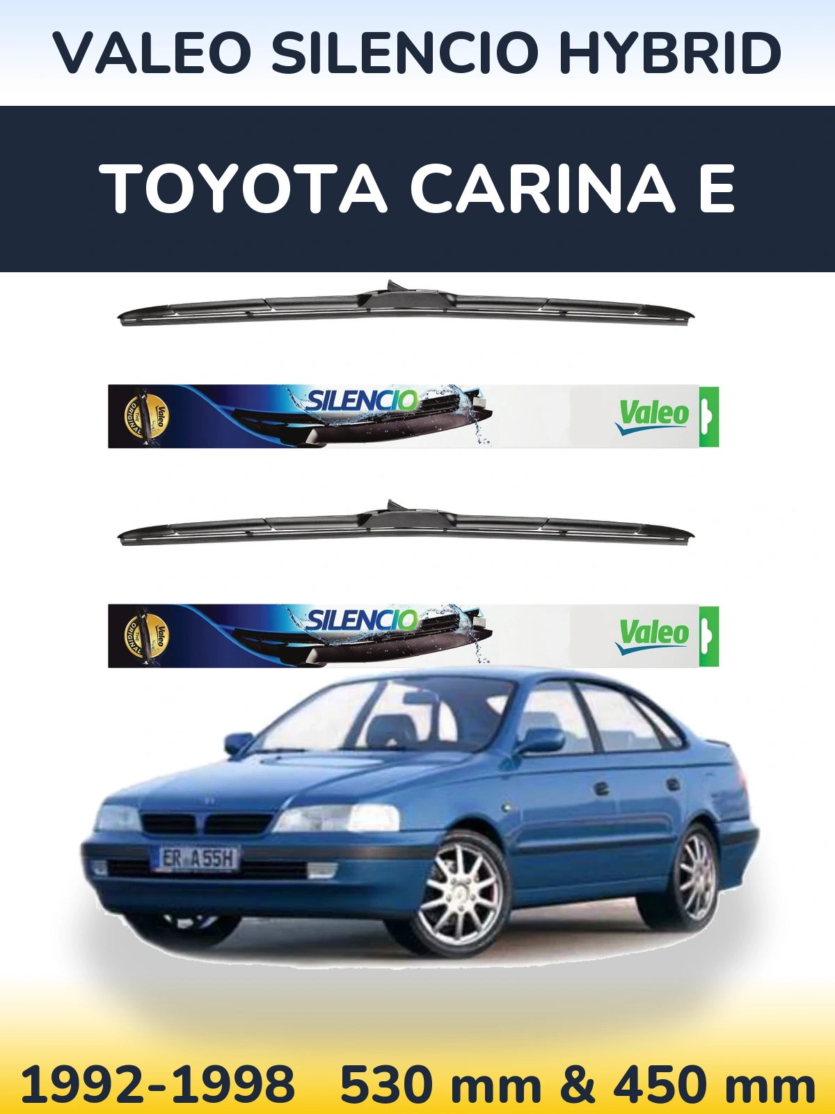 Sada předních stěračů Valeo Silencio Hybrid 530 a 450 mm pro Toyota Carina E 1992-1998