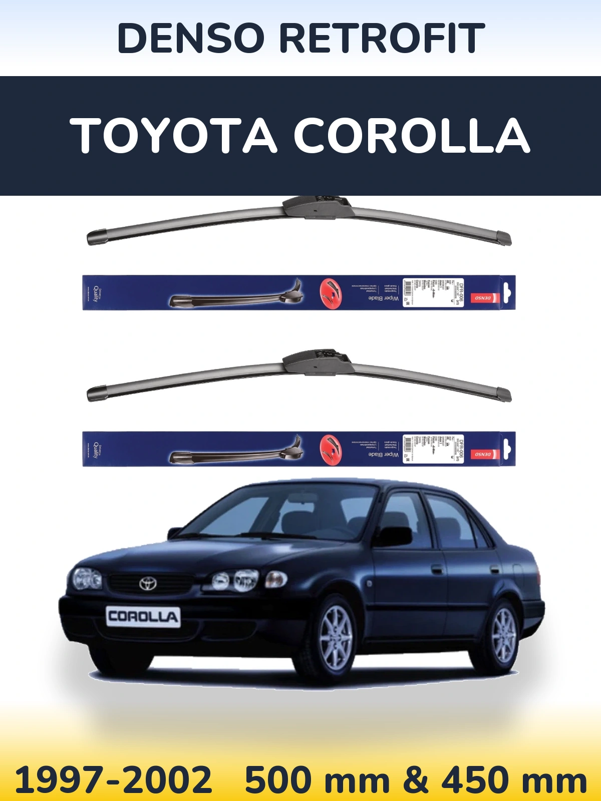 Sada předních stěračů Denso Retrofit 500 a 450 mm pro Toyota Corolla 1997-2002