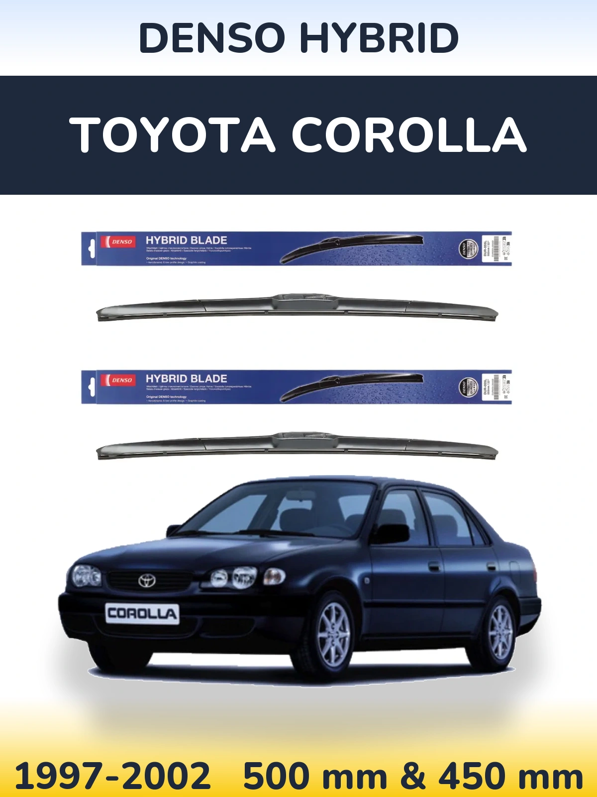 Sada předních stěračů Denso Hybrid 500 a 450 mm pro Toyota Corolla 1997-2002