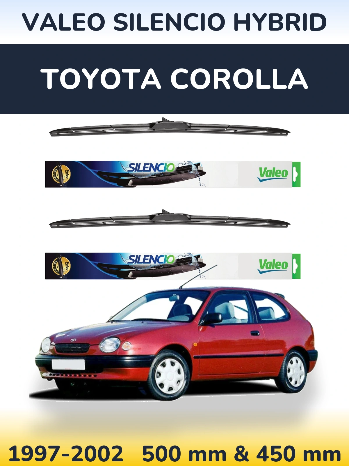 Sada předních stěračů Valeo Silencio Hybrid 500 a 450 mm pro Toyota Corolla 1997-2002