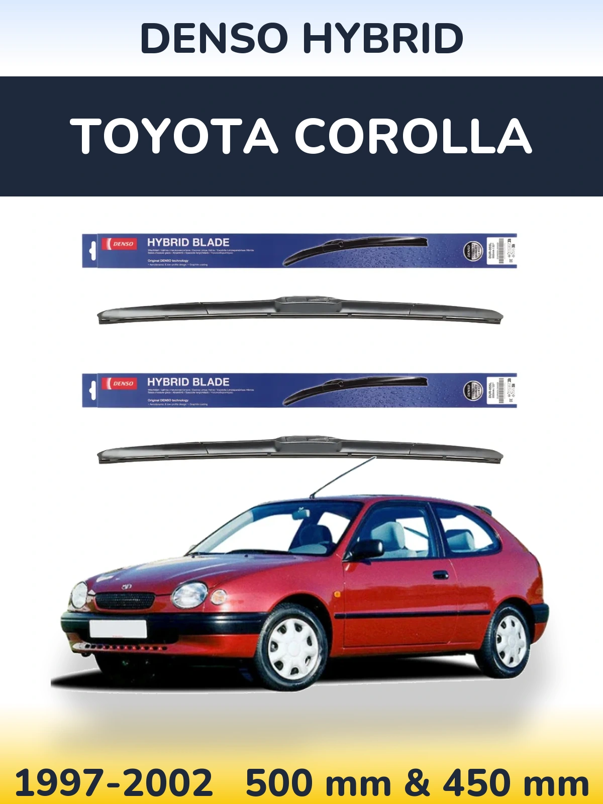 Sada předních stěračů Denso Hybrid 500 a 450 mm pro Toyota Corolla 1997-2002
