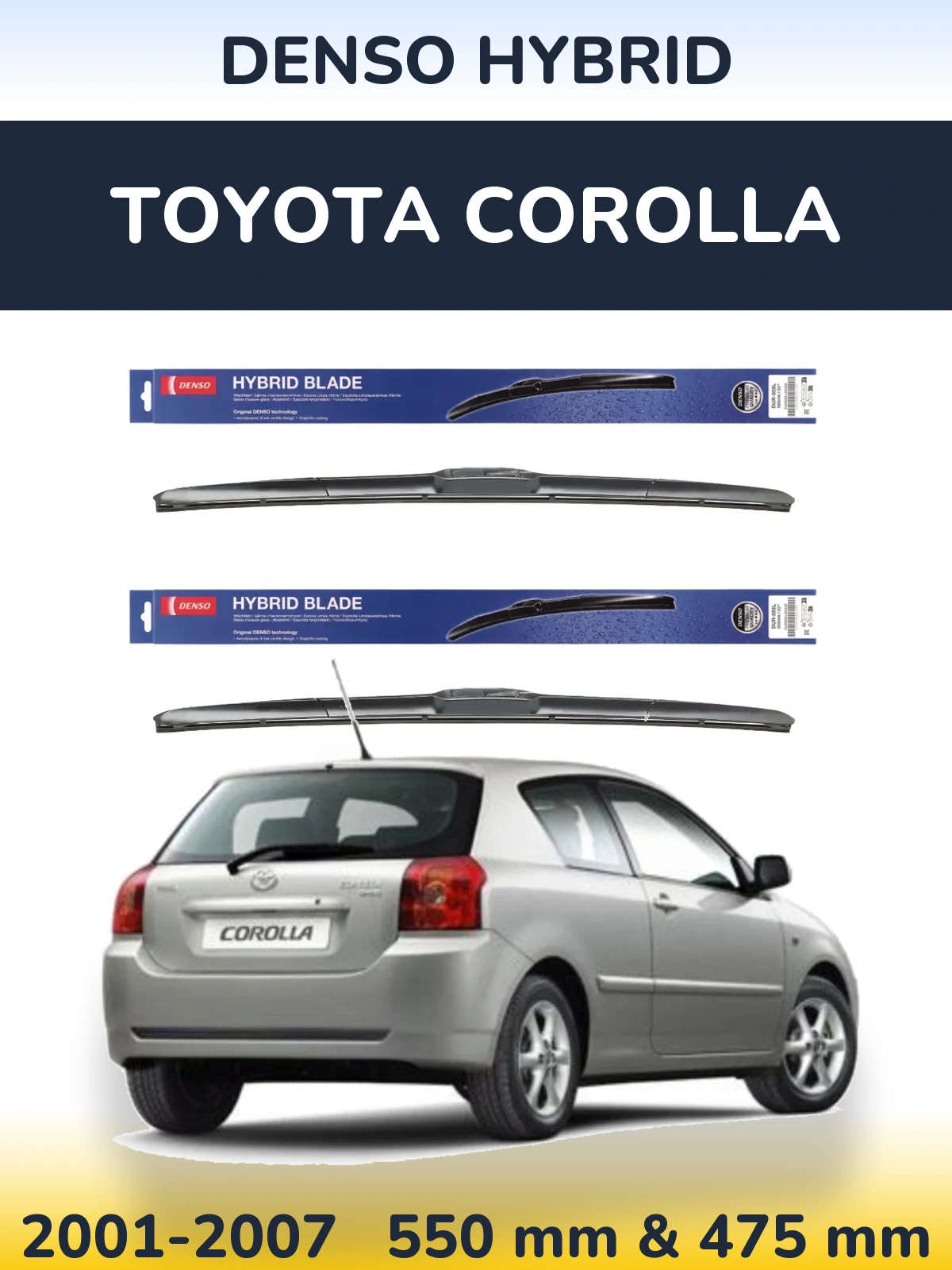 Sada předních stěračů Denso Hybrid 550 a 475 mm pro Toyota Corolla 2001-2007