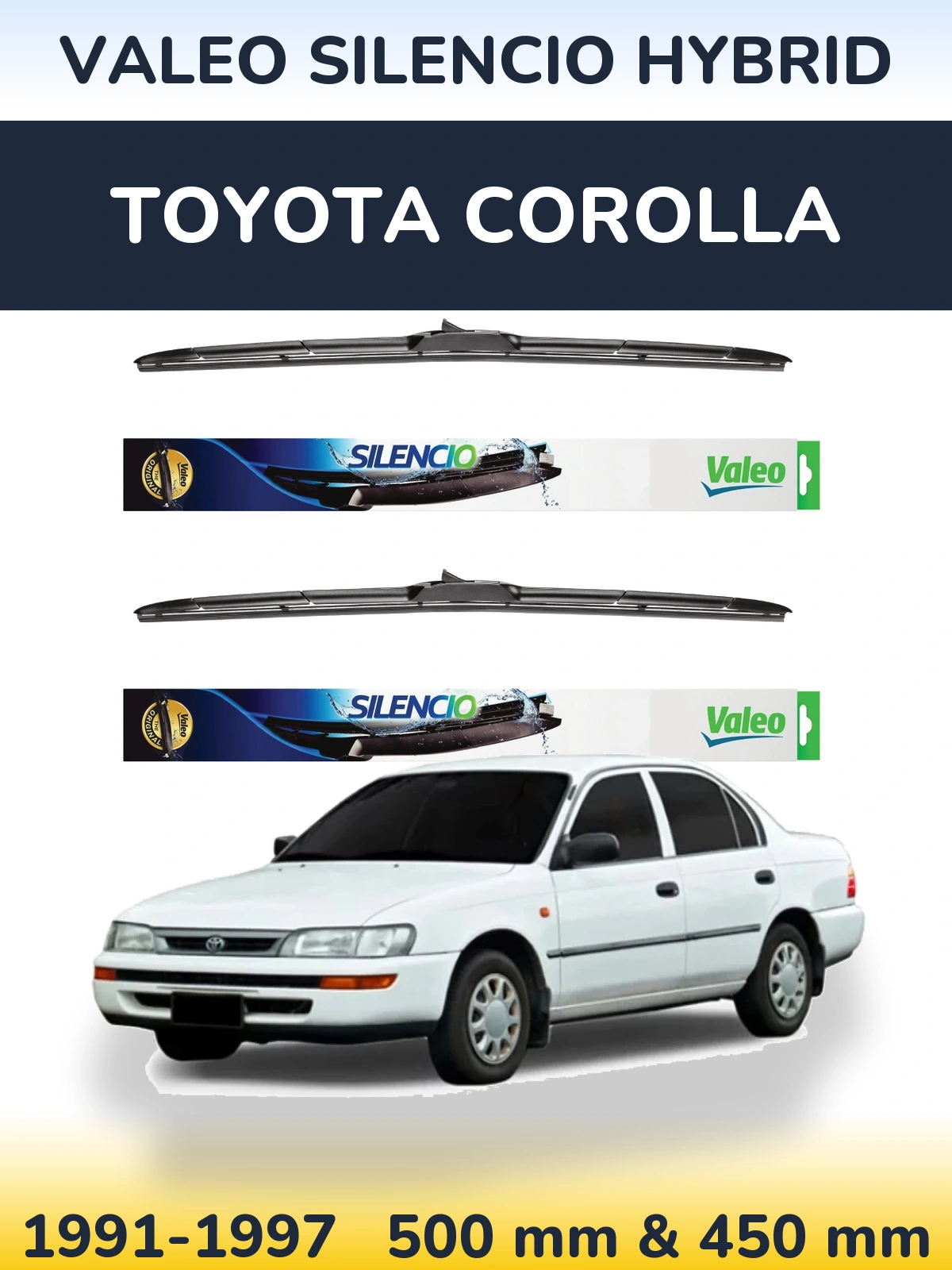Sada předních stěračů Valeo Silencio Hybrid 500 a 450 mm pro Toyota Corolla 1991-1997