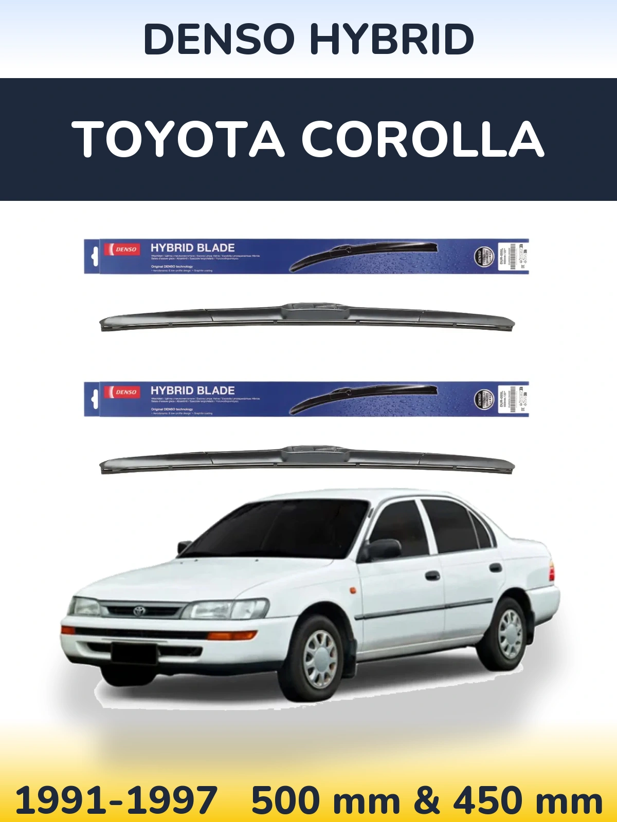 Sada předních stěračů Denso Hybrid 500 a 450 mm pro Toyota Corolla 1991-1997