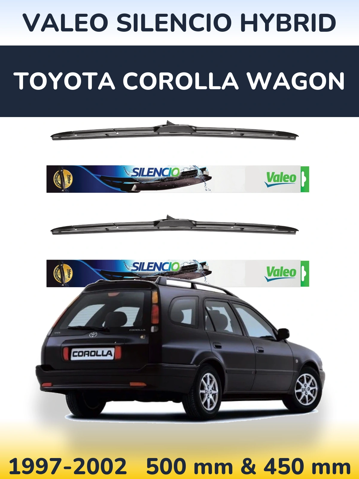 Sada předních stěračů Valeo Silencio Hybrid 500 a 450 mm pro Toyota Corolla Wagon 1997-2002