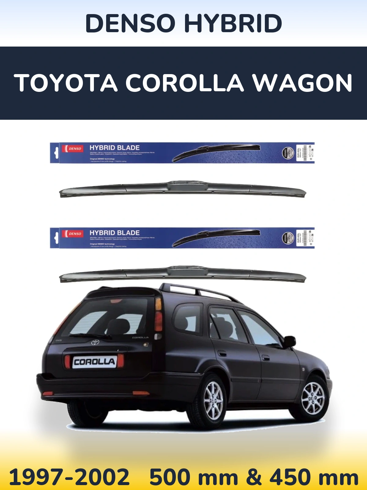 Sada předních stěračů Denso Hybrid 500 a 450 mm pro Toyota Corolla Wagon 1997-2002