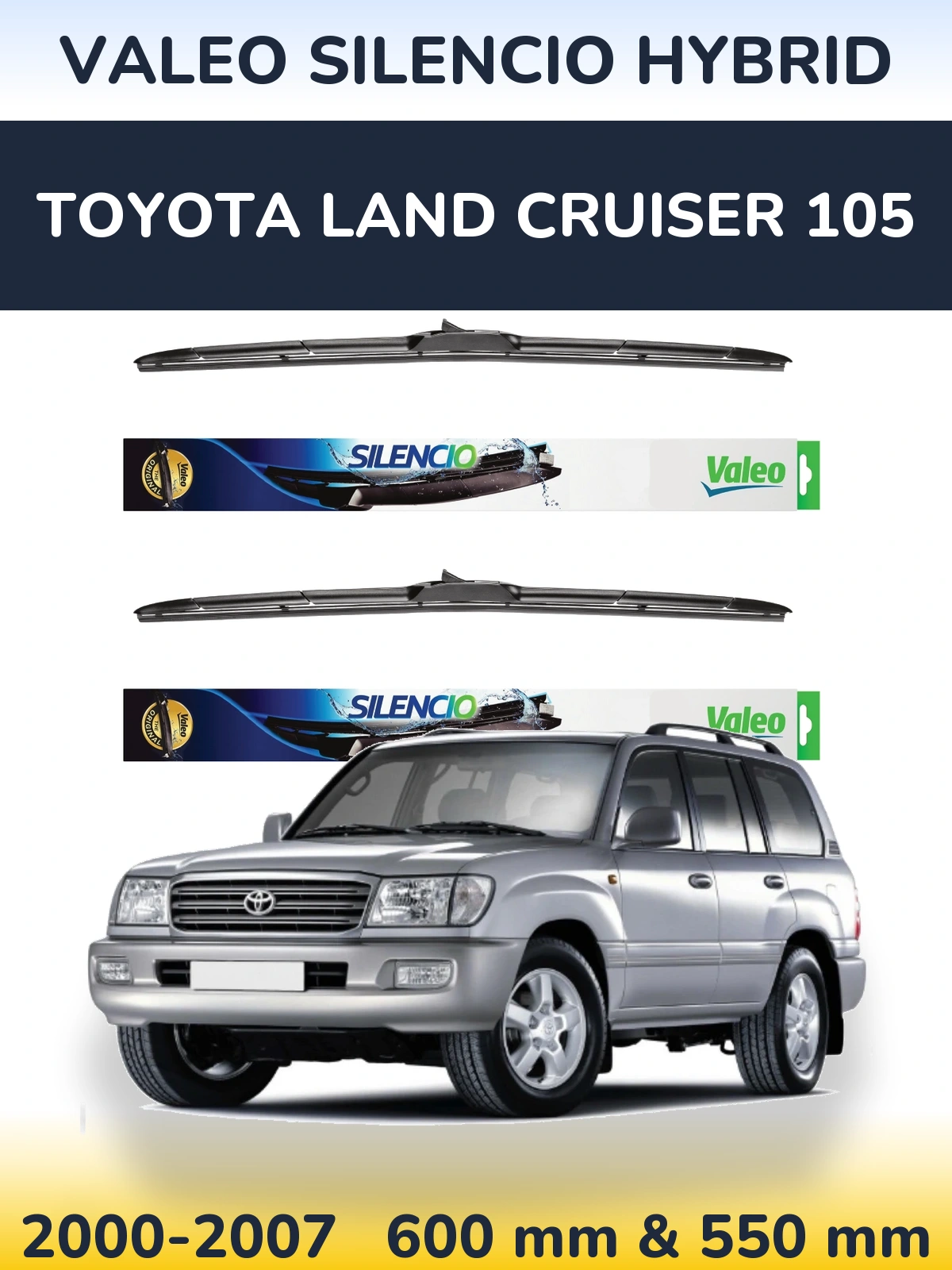 Sada předních stěračů Valeo Silencio Hybrid 600 a 550 mm pro Toyota Land Cruiser 105 2000-2007