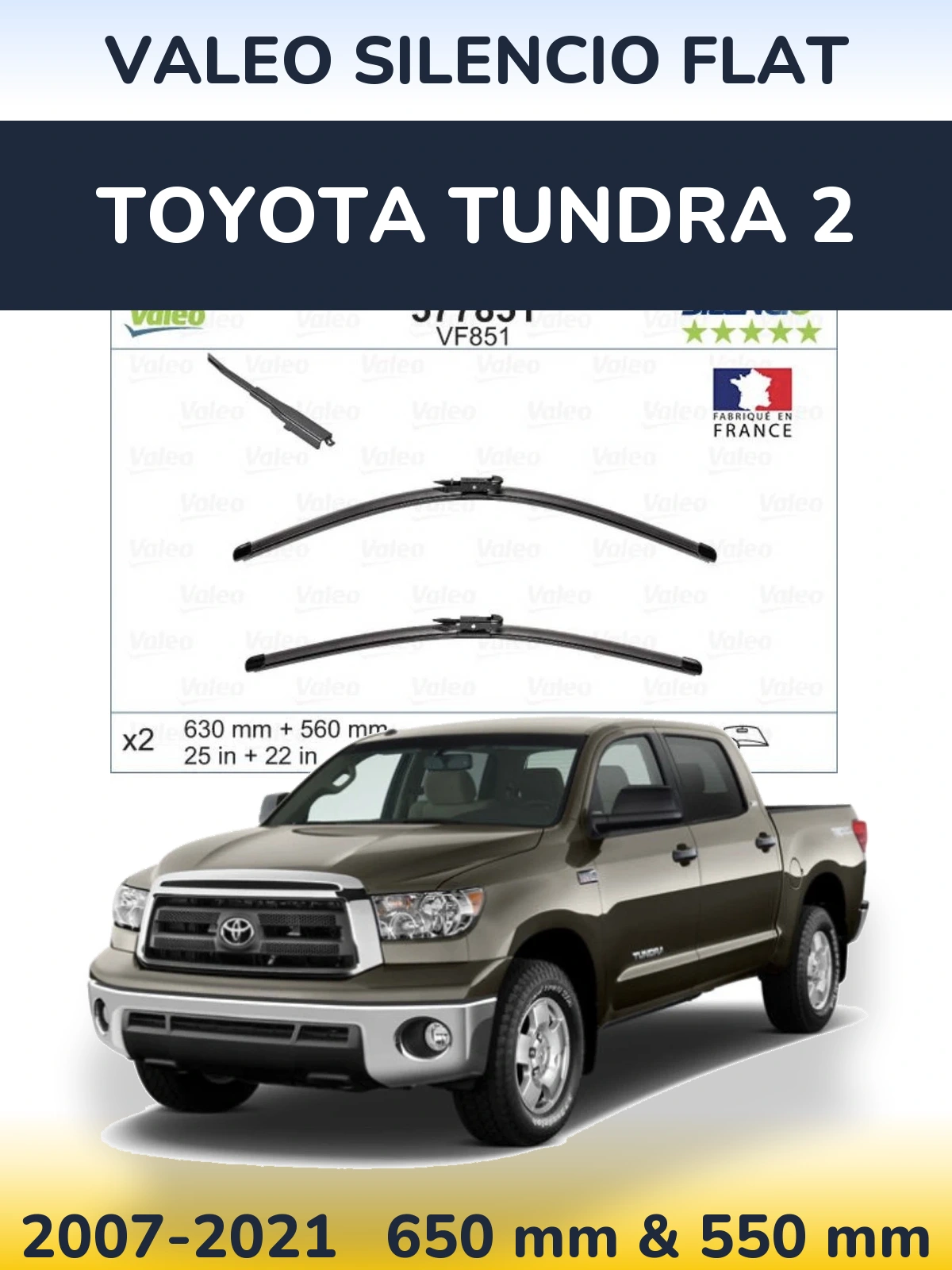 Sada předních stěračů Valeo Silencio Flat 630 a 560 mm pro Toyota Tundra 2 2007-2021