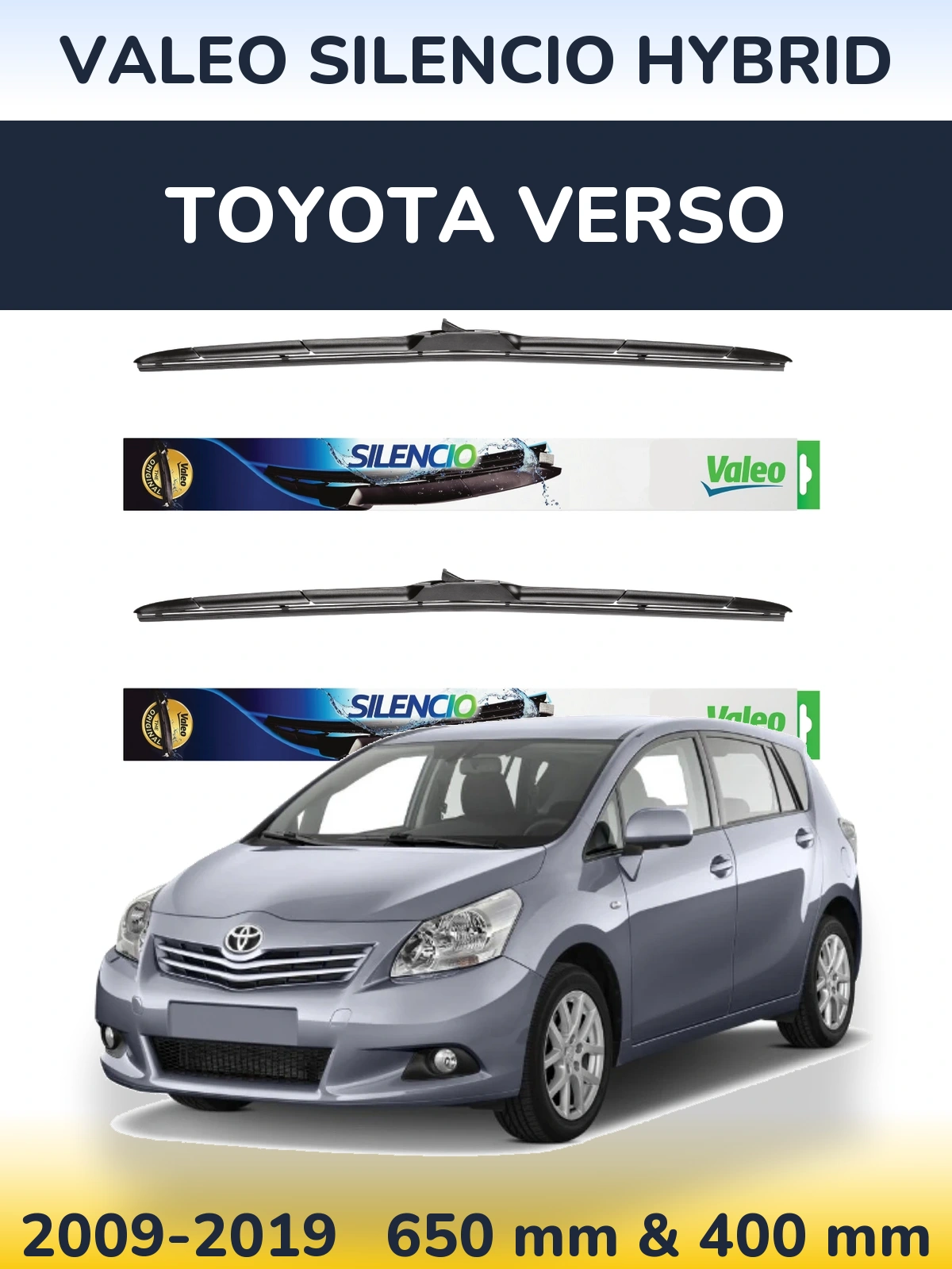Sada předních stěračů Valeo Silencio Hybrid 650 a 400 mm pro Toyota Verso 2009-2019