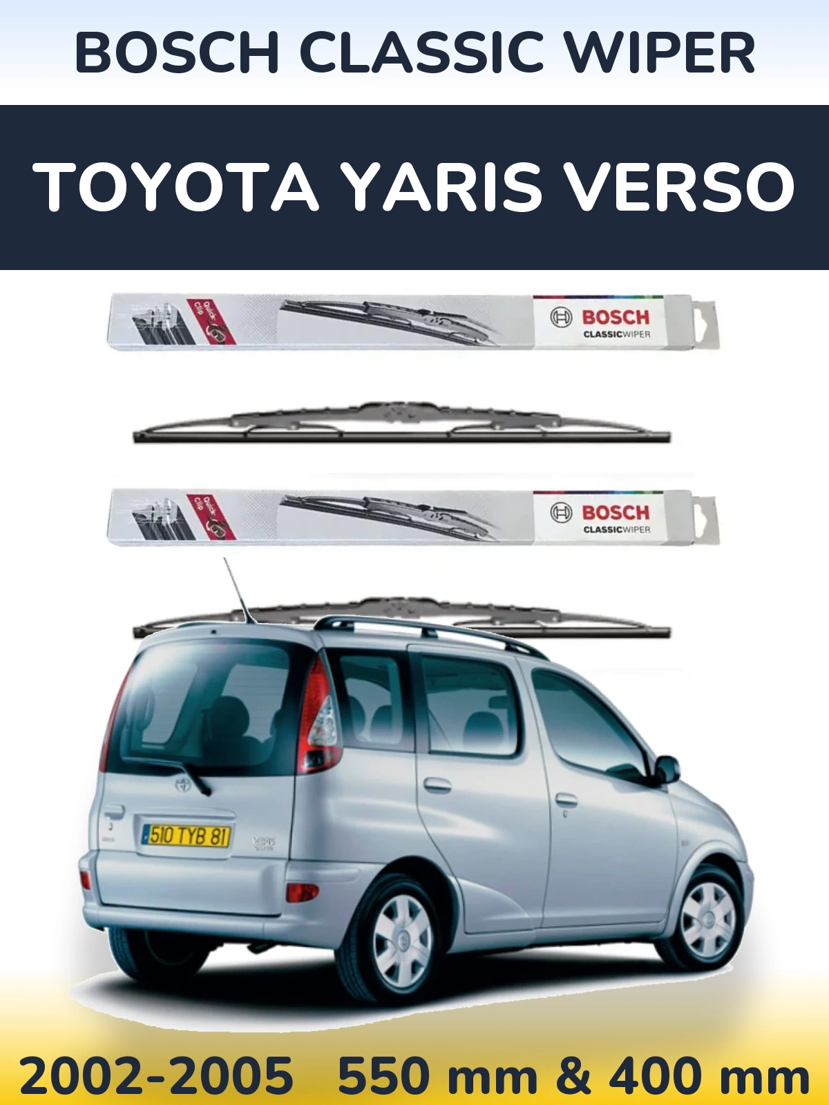 Sada předních stěračů BOSCH Classic Wiper 550 a 400 mm pro Toyota Yaris Verso 2002-2005
