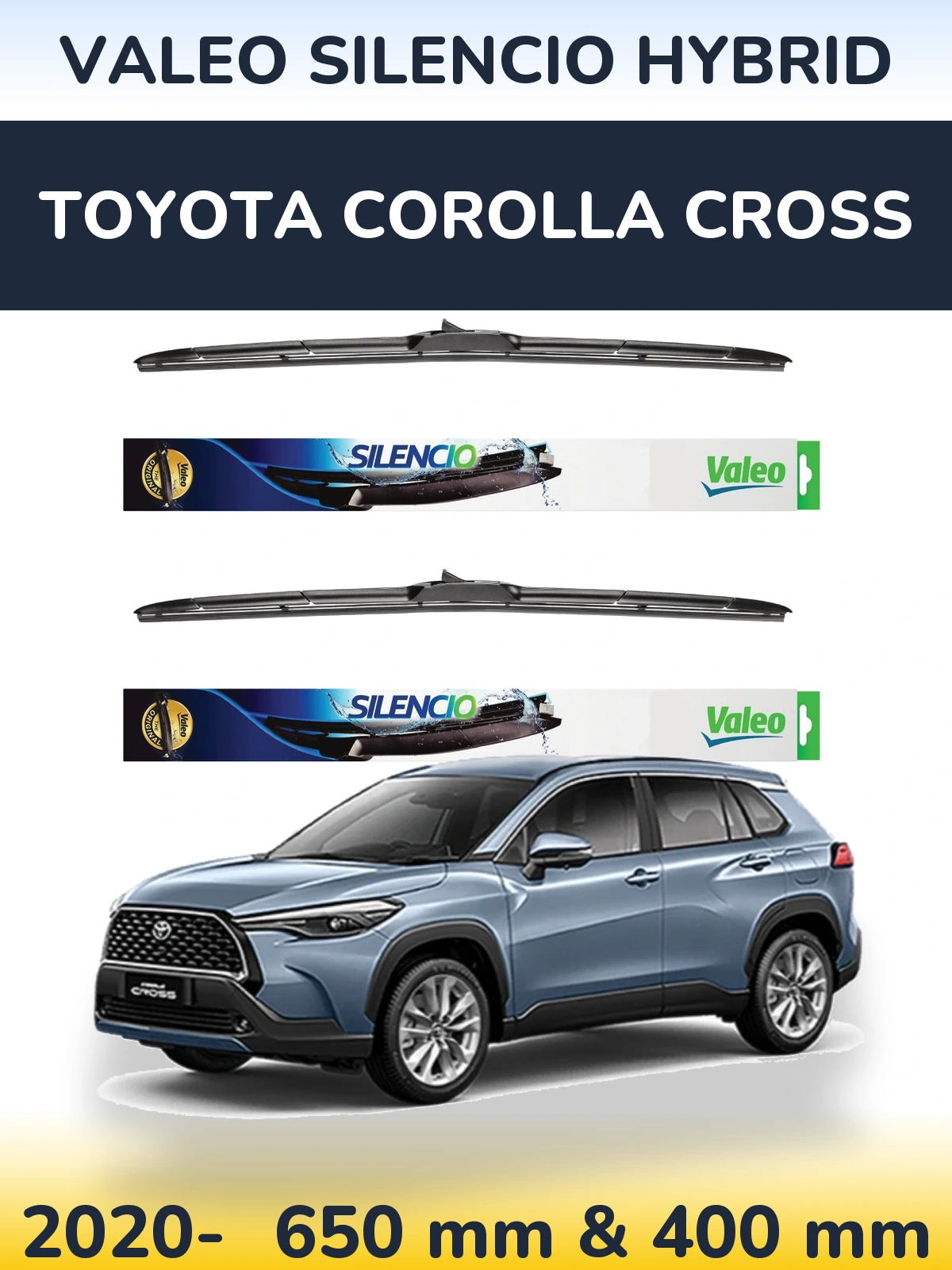 Sada předních stěračů Valeo Silencio Hybrid 650 a 400 mm pro Toyota Corolla Cross 2020-2026