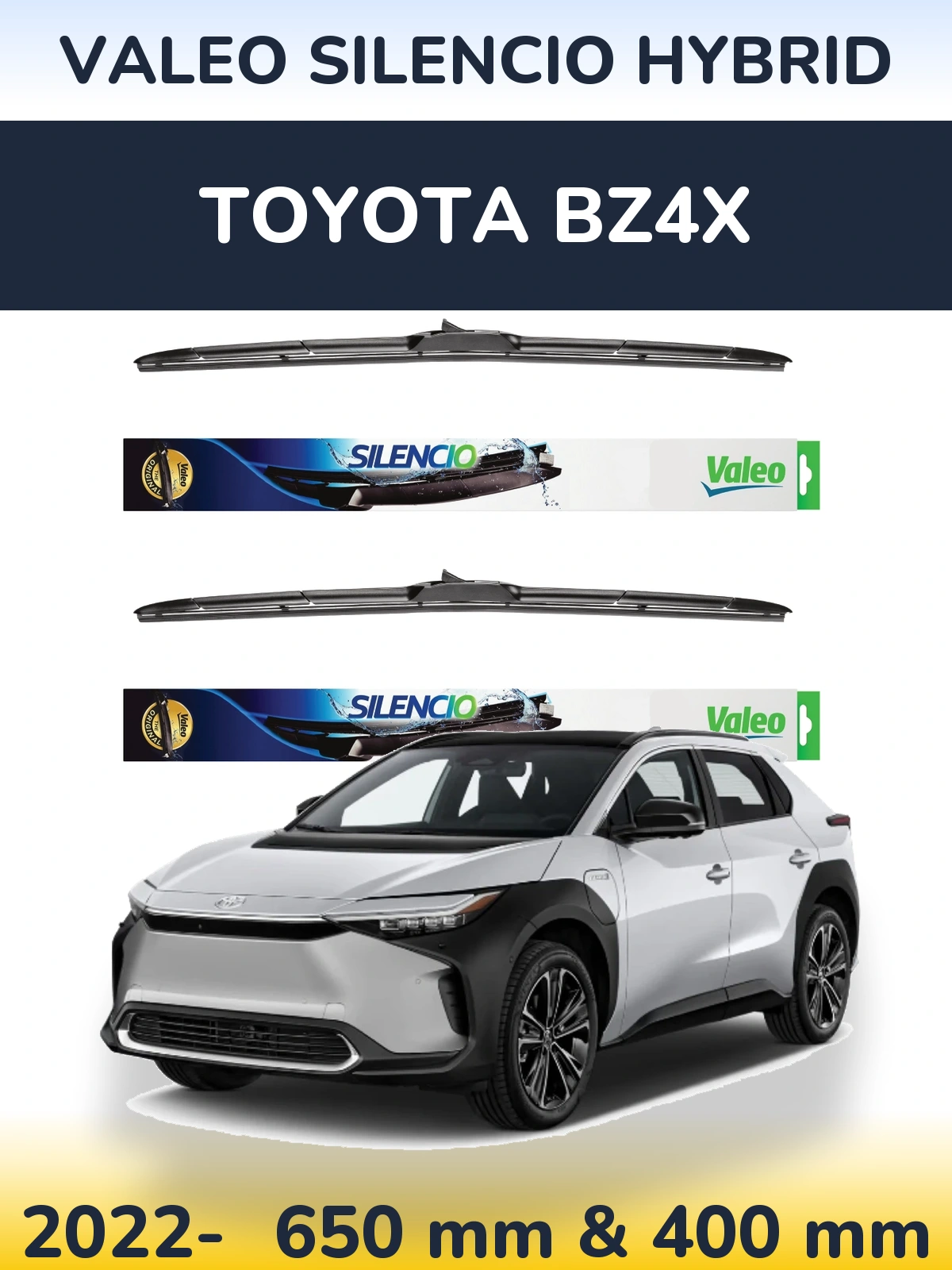 Sada předních stěračů Valeo Silencio Hybrid 650 a 400 mm pro Toyota bZ4X 2022-2026