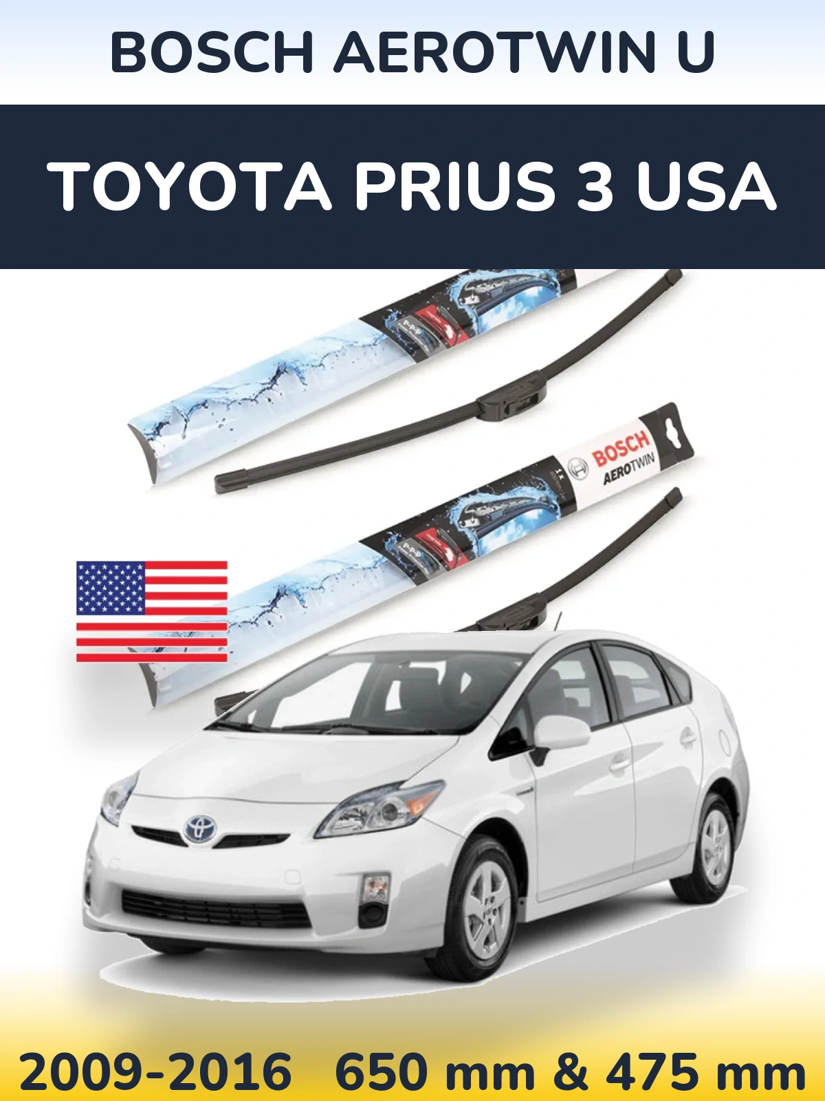 Sada předních stěračů BOSCH AeroTwin U 650 a 475 mm pro Toyota Prius 3 USA 2009-2016