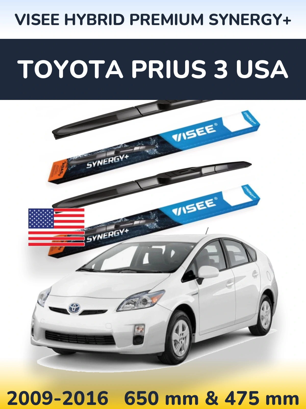 Sada předních stěračů VISEE HYBRID PREMIUM SYNERGY+ 650 a 475 mm pro Toyota Prius 3 USA 2009-2016