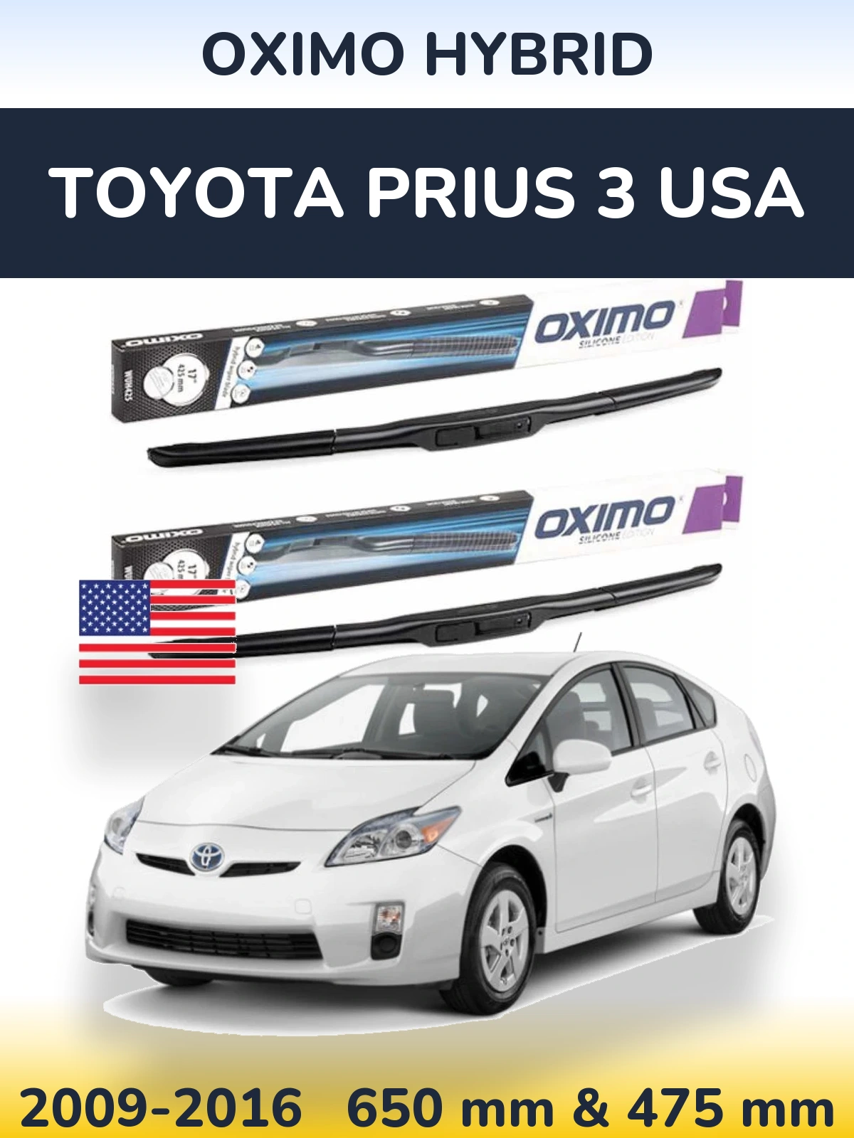 Sada předních stěračů Oximo Hybrid 650 a 475 mm pro Toyota Prius 3 USA 2009-2016