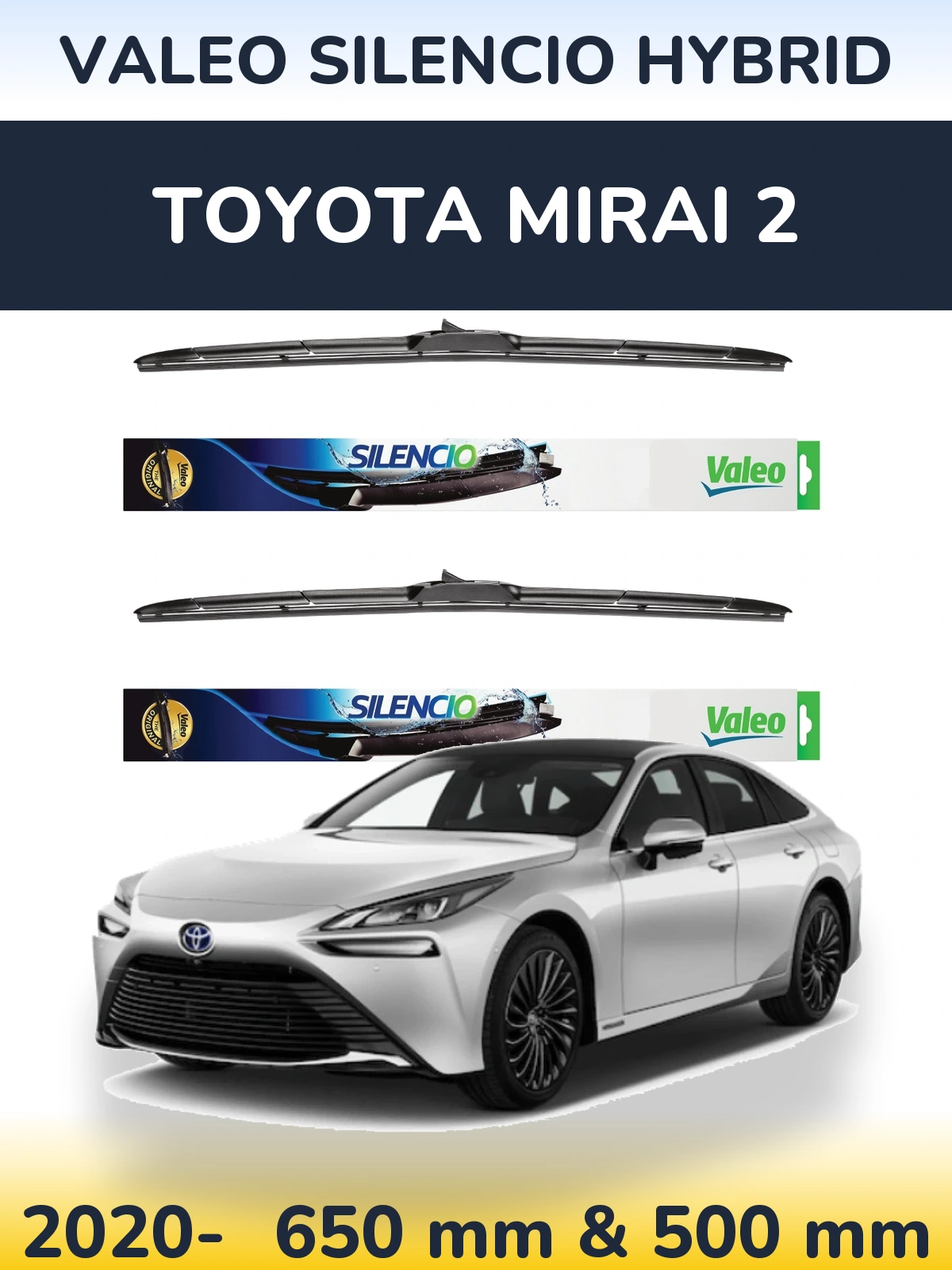 Sada předních stěračů Valeo Silencio Hybrid 650 a 500 mm pro Toyota Mirai 2 2020-2026