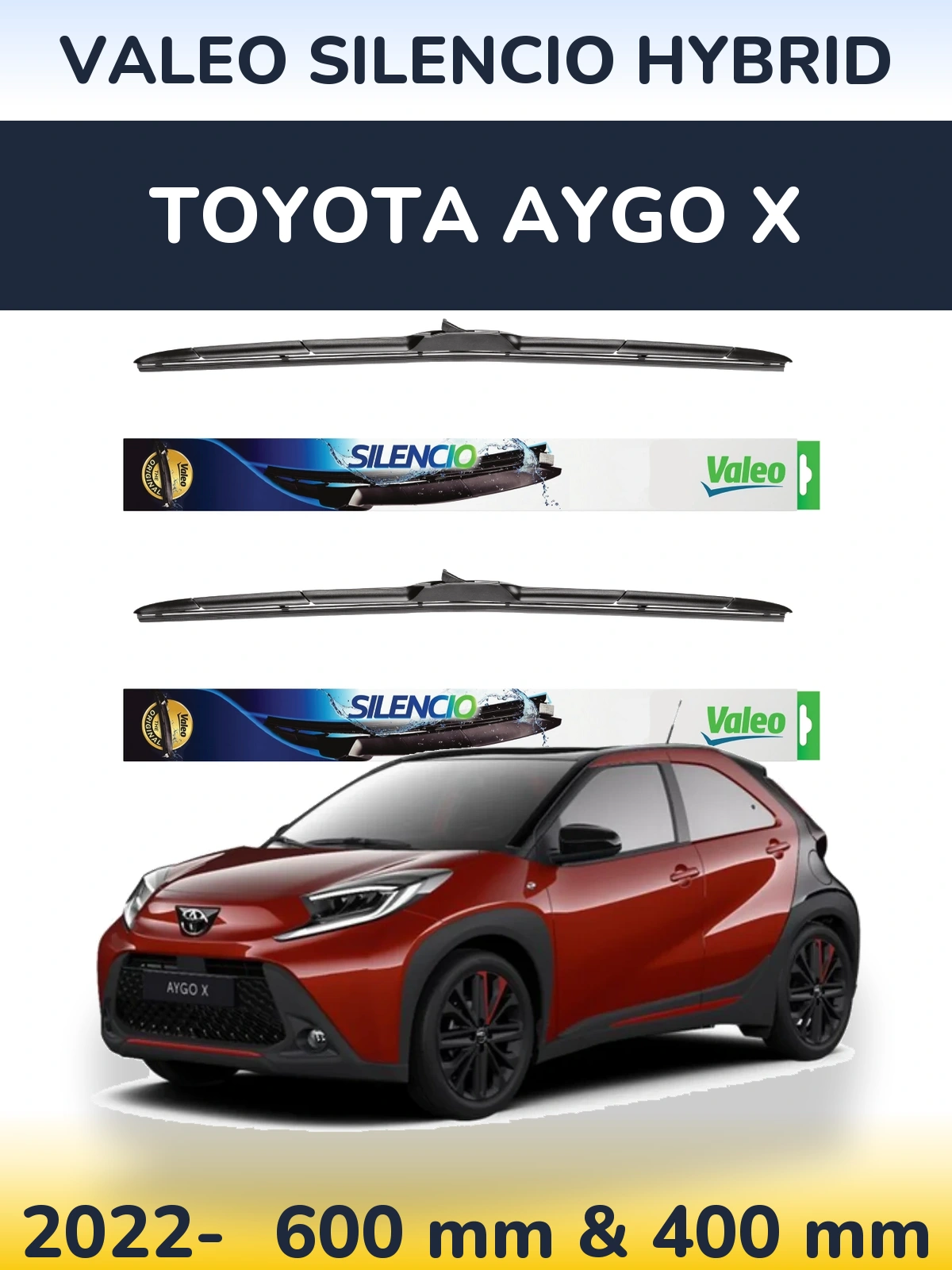 Sada předních stěračů Valeo Silencio Hybrid 600 a 400 mm pro Toyota Aygo X 2022-2026