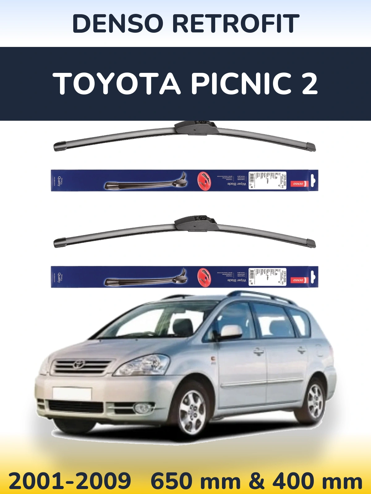 Sada předních stěračů Denso Retrofit 650 a 400 mm pro Toyota Picnic 2 2001-2009