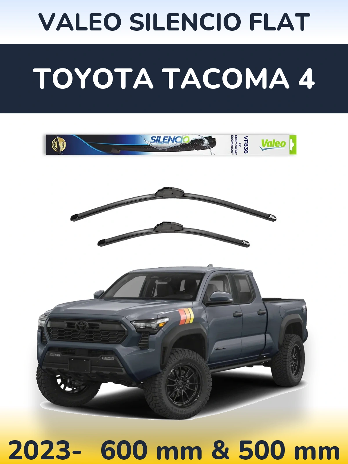 Sada předních stěračů Valeo Silencio Flat 600 a 500 mm pro Toyota Tacoma 4 2023-2026