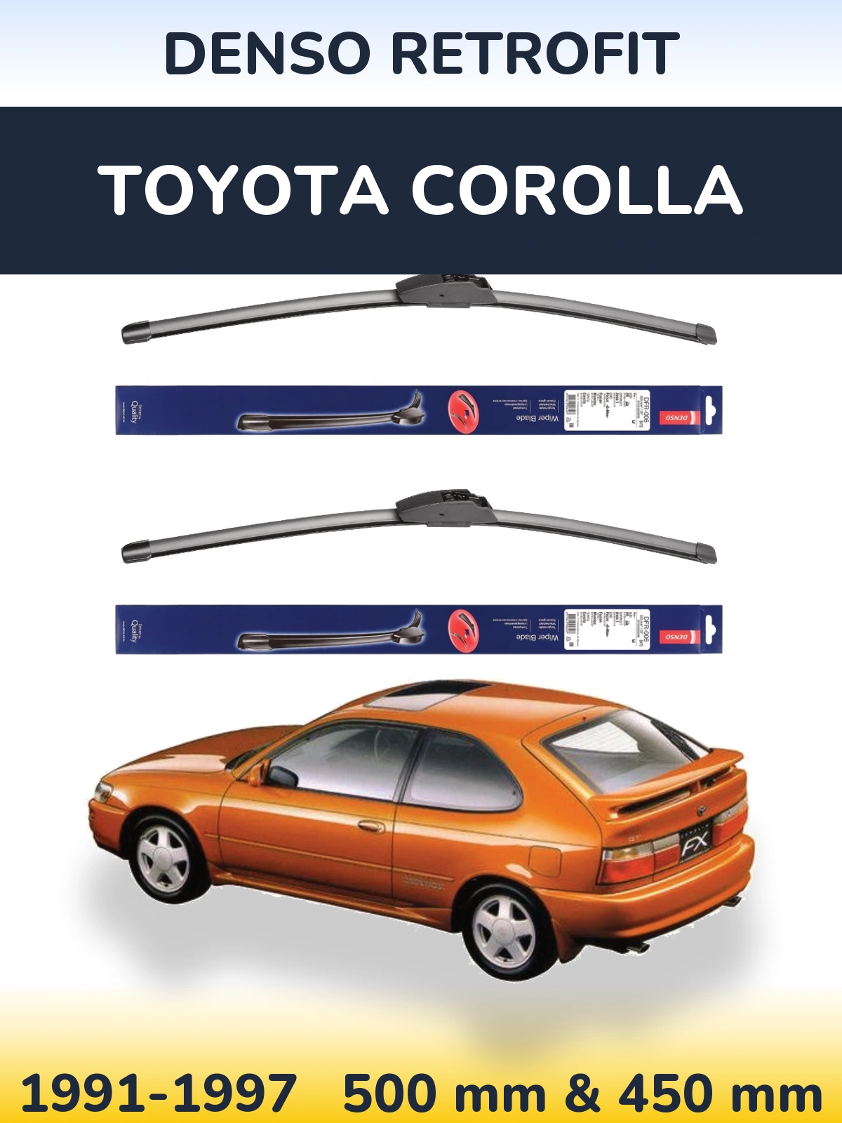 Sada předních stěračů Denso Retrofit 500 a 450 mm pro Toyota Corolla 1991-1997