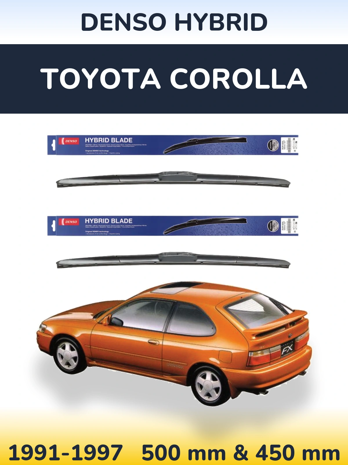 Sada předních stěračů Denso Hybrid 500 a 450 mm pro Toyota Corolla 1991-1997