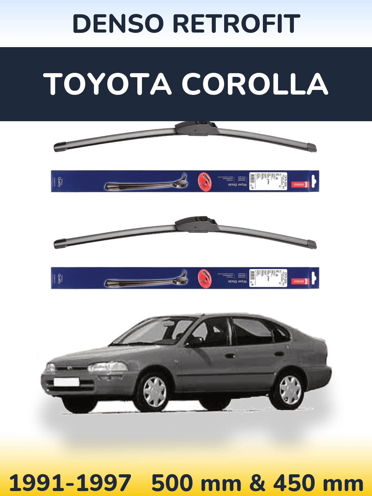 Sada předních stěračů Denso Retrofit 500 a 450 mm pro Toyota Corolla 1991-1997