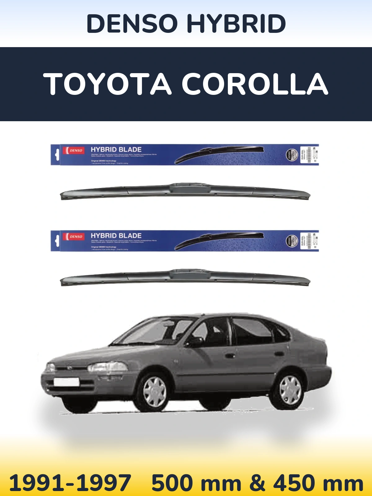 Sada předních stěračů Denso Hybrid 500 a 450 mm pro Toyota Corolla 1991-1997
