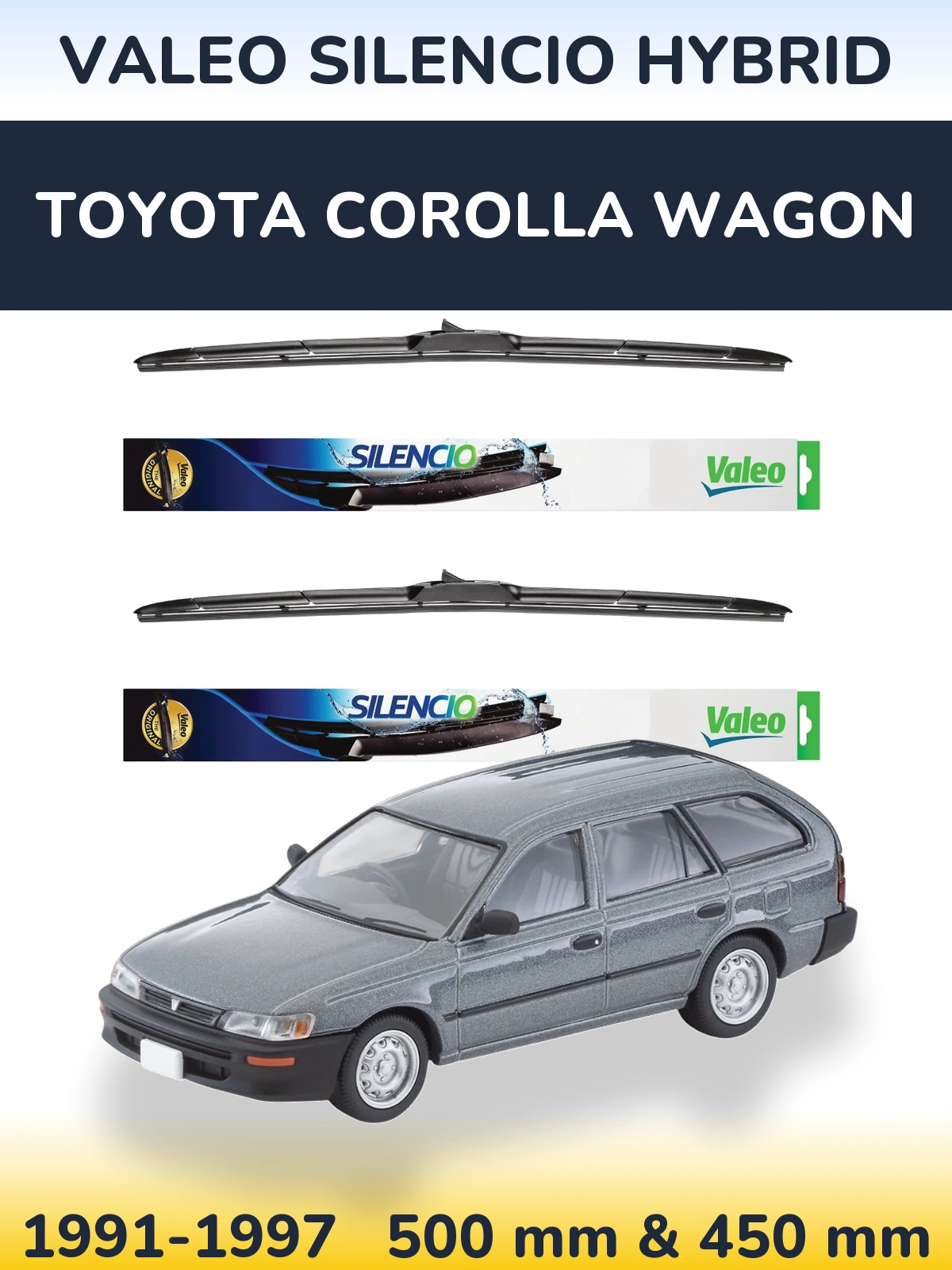 Sada předních stěračů Valeo Silencio Hybrid 500 a 450 mm pro Toyota Corolla Wagon 1991-1997