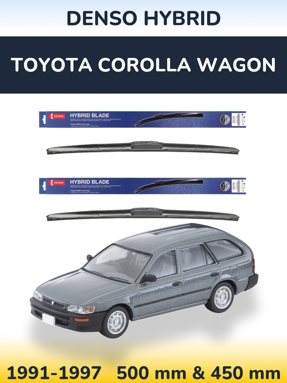 Sada předních stěračů Denso Hybrid 500 a 450 mm pro Toyota Corolla Wagon 1991-1997