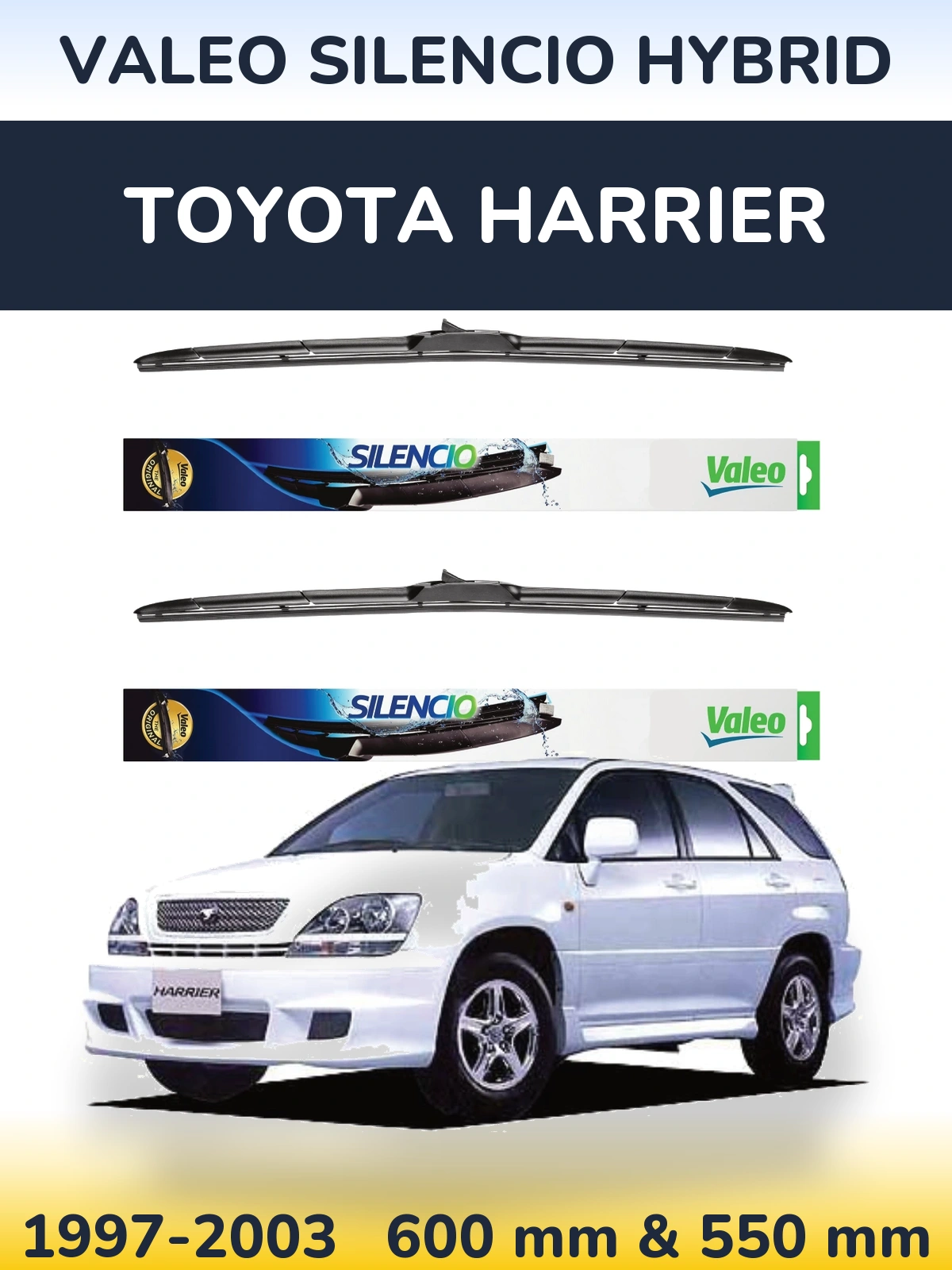 Sada předních stěračů Valeo Silencio Hybrid 600 a 550 mm pro Toyota Harrier 1997-2003