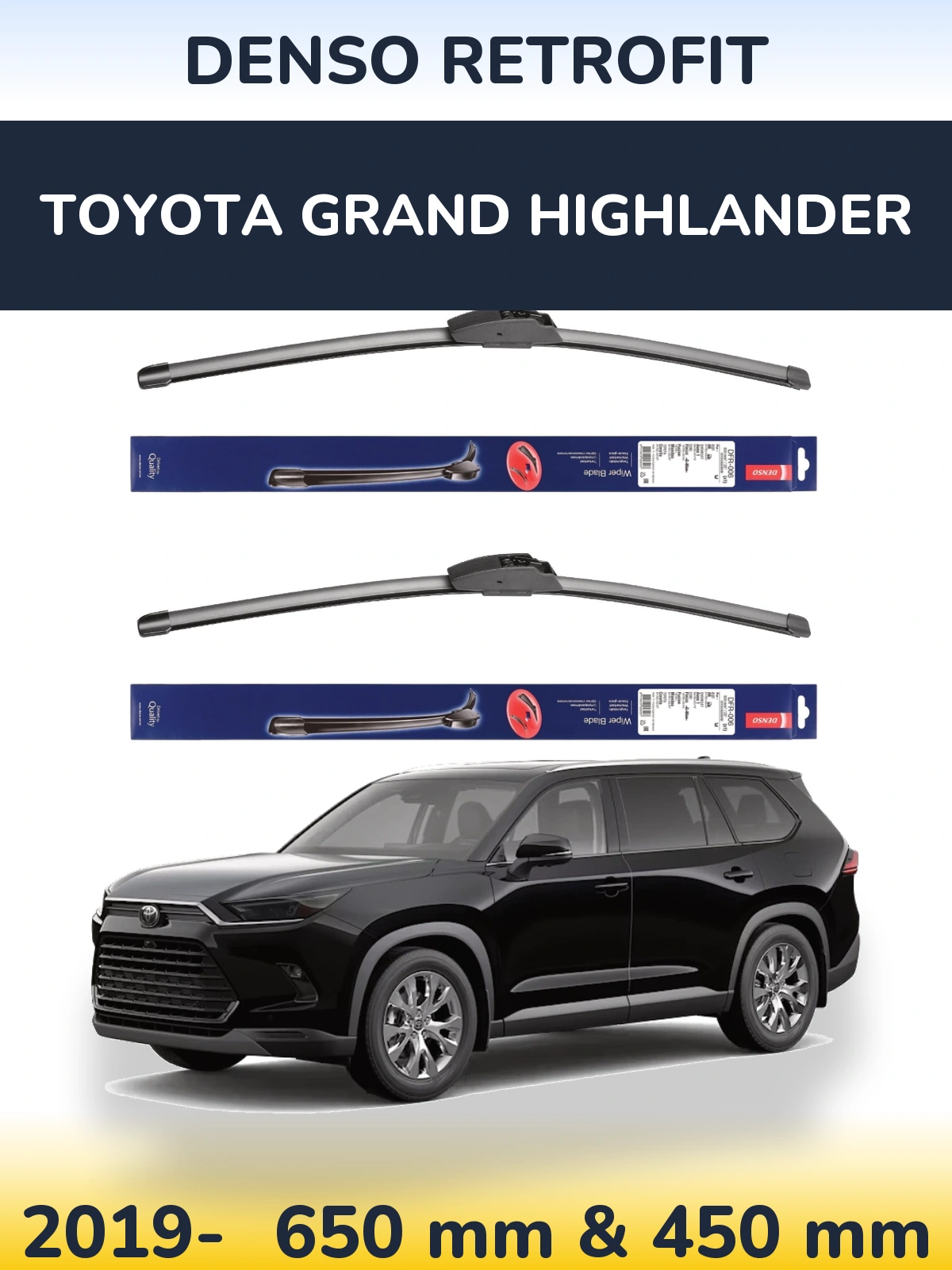 Sada předních stěračů Denso Retrofit 650 a 450 mm pro Toyota Grand Highlander 2019-2026