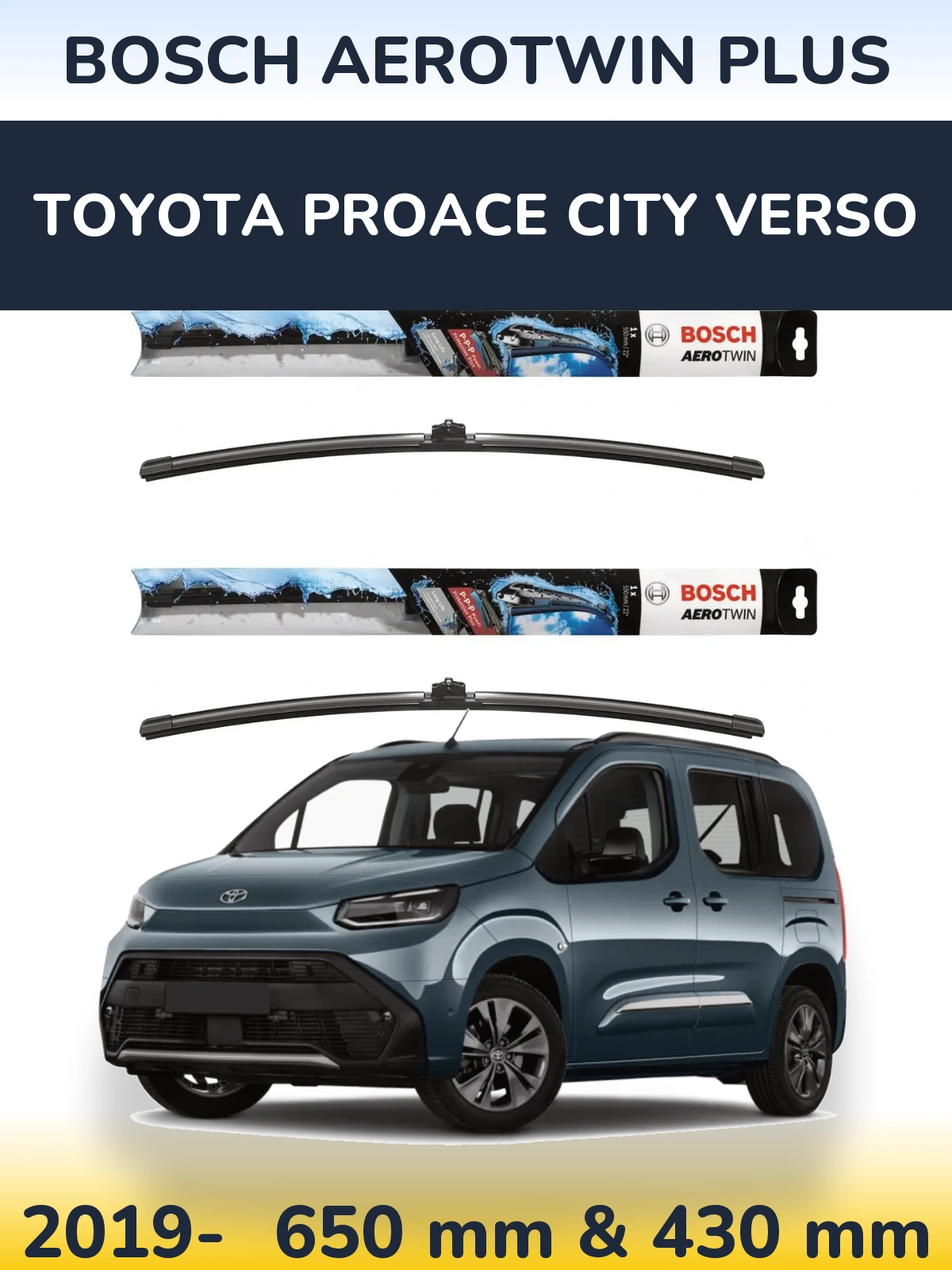 Sada předních stěračů BOSCH AeroTwin Plus 650 a 430 mm pro Toyota ProAce City Verso 2019-2026