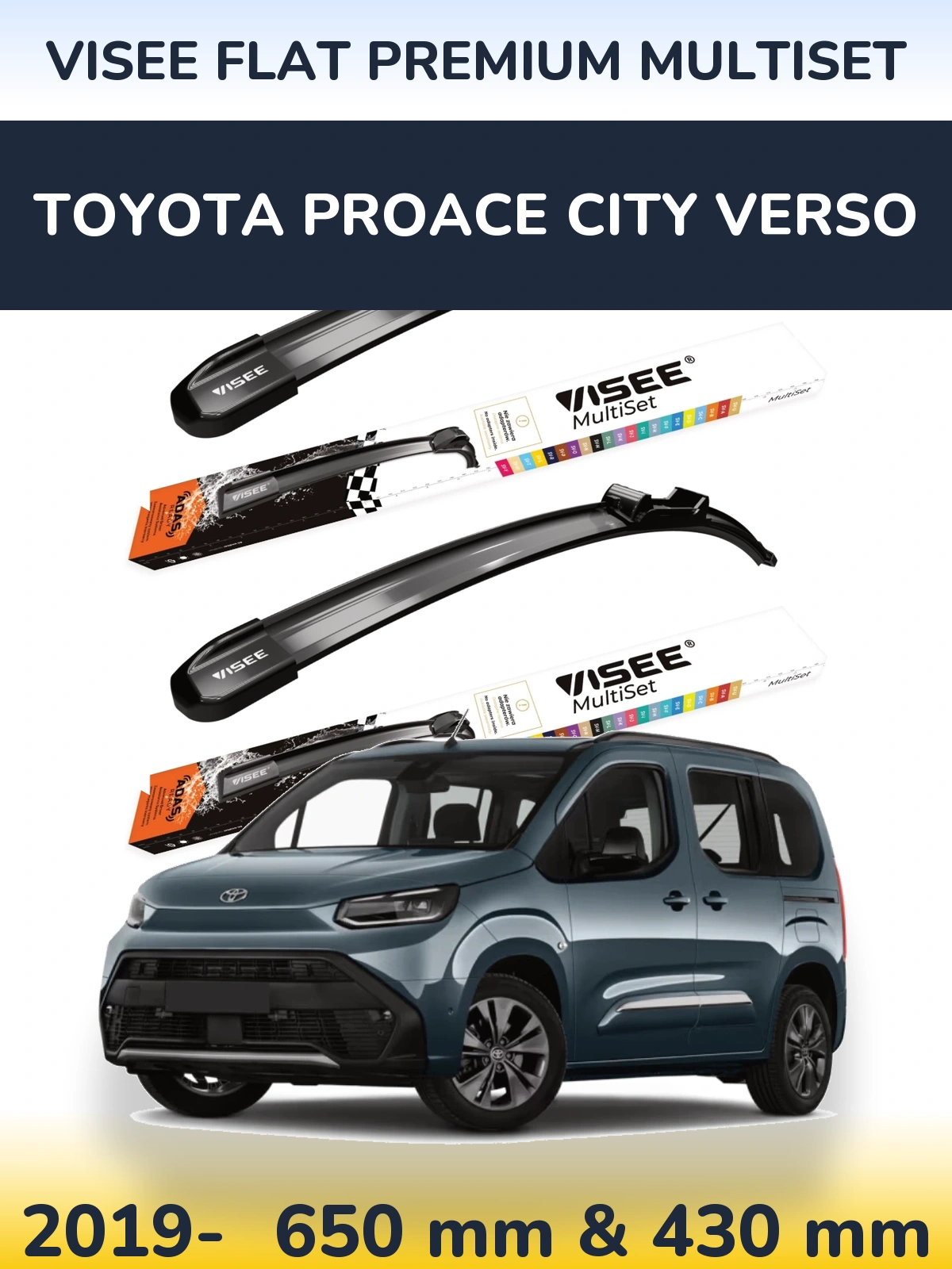 Sada předních stěračů VISEE FLAT PREMIUM MultiSet 650 a 430 mm pro Toyota ProAce City Verso 2019-2026