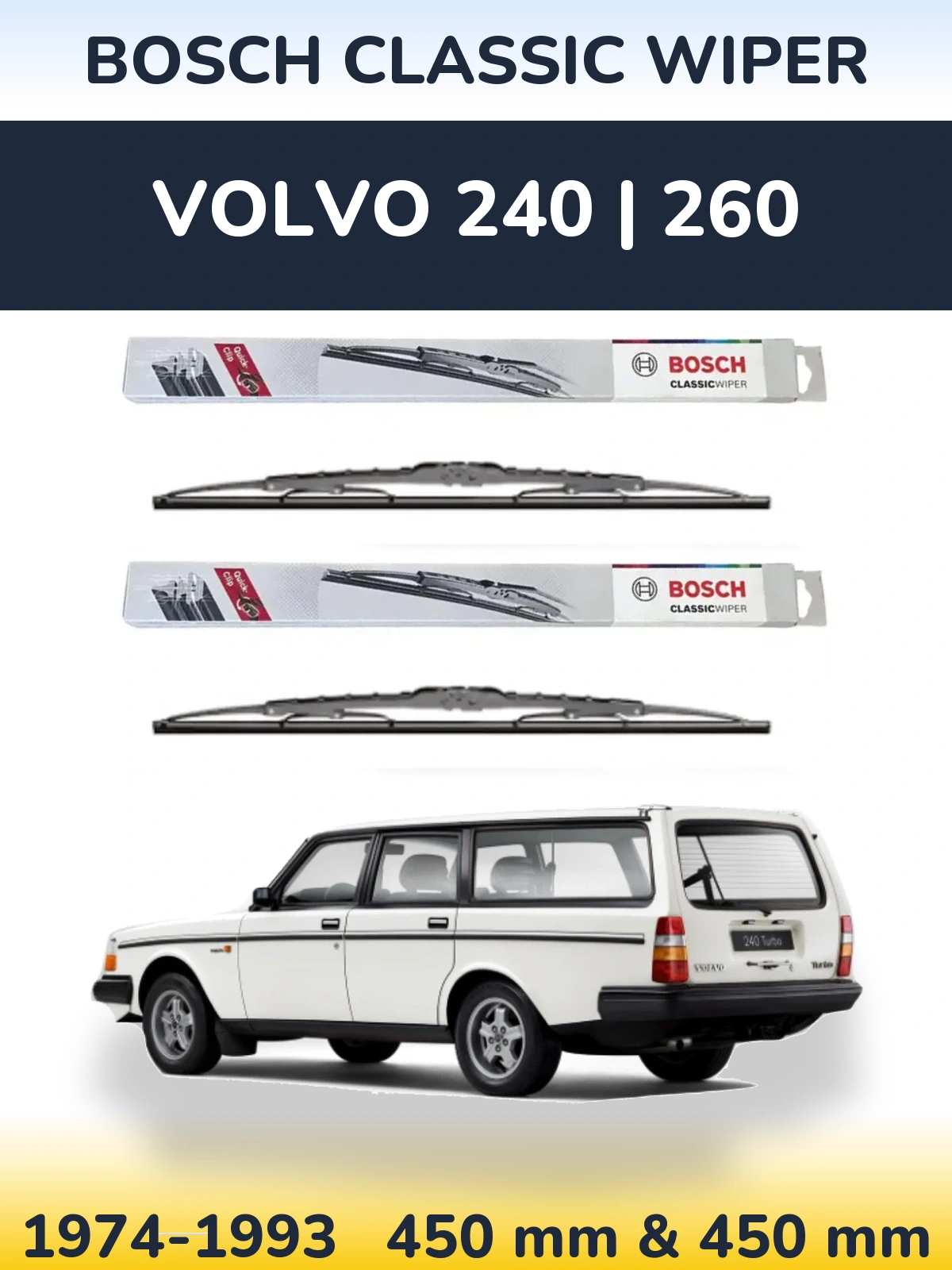 Sada předních stěračů BOSCH Classic Wiper 450 a 450 mm pro Volvo 240 | 260 1974-1993