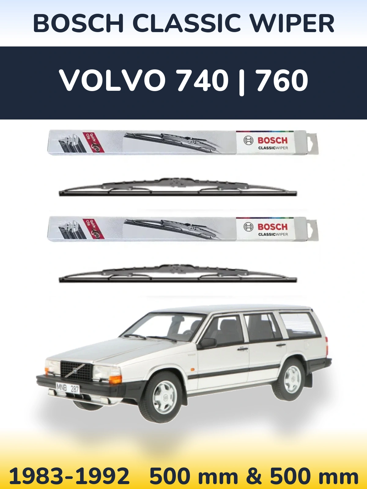 Sada předních stěračů BOSCH Classic Wiper 500 a 500 mm pro Volvo 740 | 760 1983-1992