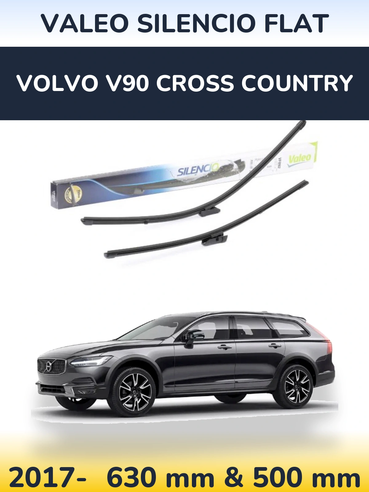 Sada předních stěračů Valeo Silencio Flat 630 a 500 mm pro Volvo V90 Cross Country 2017-2026