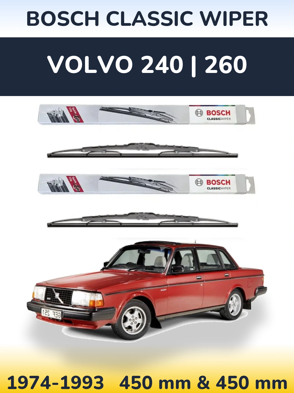 Sada předních stěračů BOSCH Classic Wiper 450 a 450 mm pro Volvo 240 | 260 1974-1993