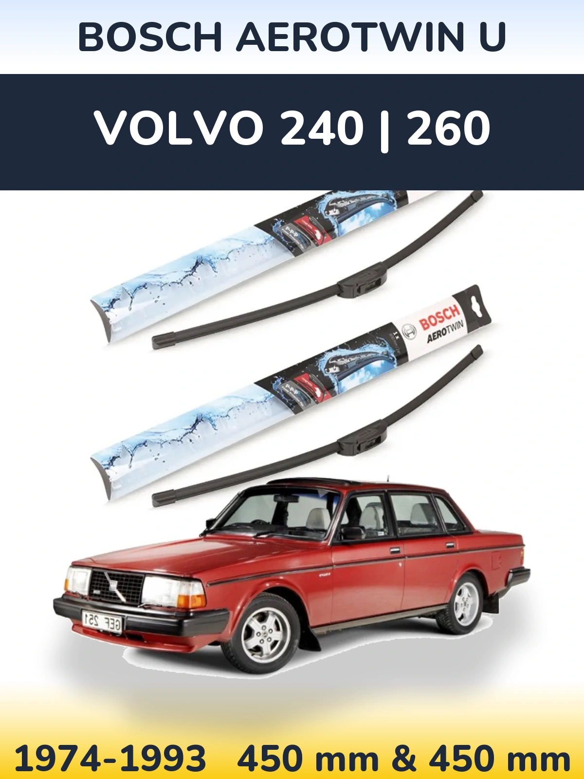 Sada předních stěračů BOSCH AeroTwin U 450 a 450 mm pro Volvo 240 | 260 1974-1993