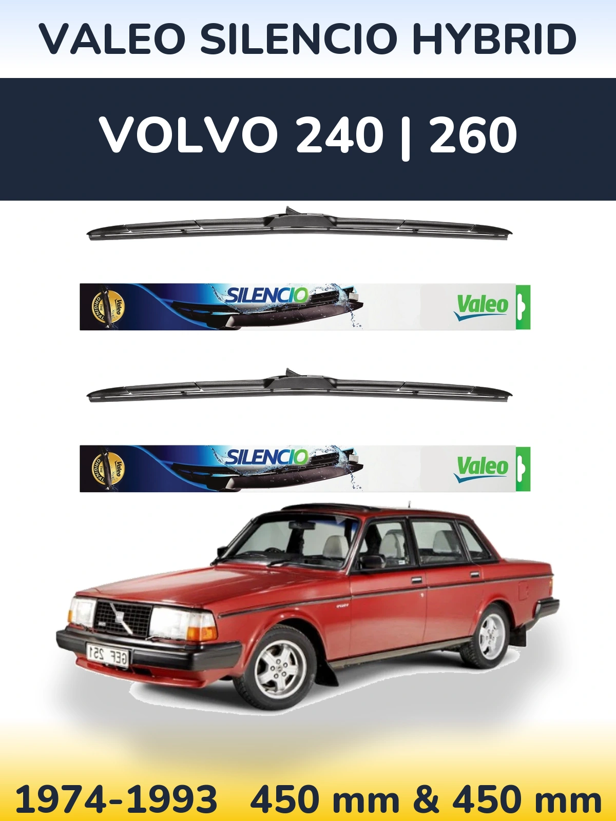 Sada předních stěračů Valeo Silencio Hybrid 450 a 450 mm pro Volvo 240 | 260 1974-1993