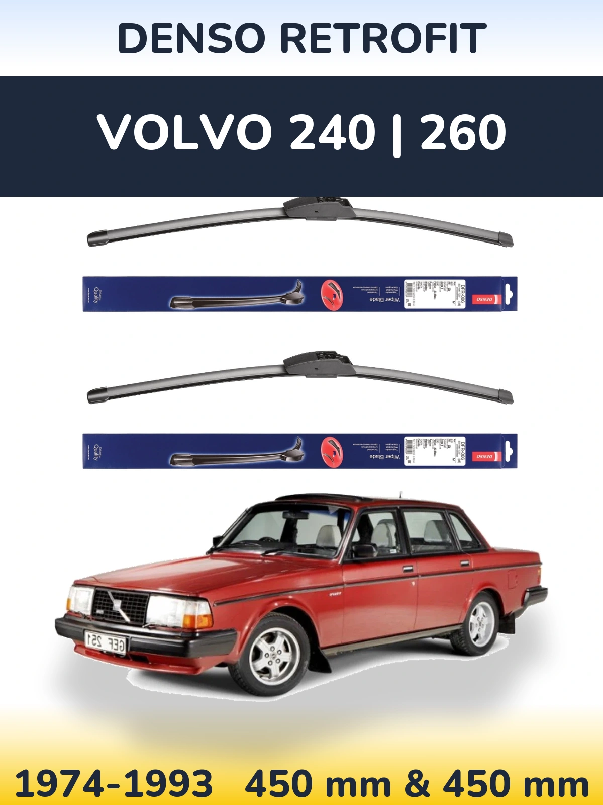 Sada předních stěračů Denso Retrofit 450 a 450 mm pro Volvo 240 | 260 1974-1993