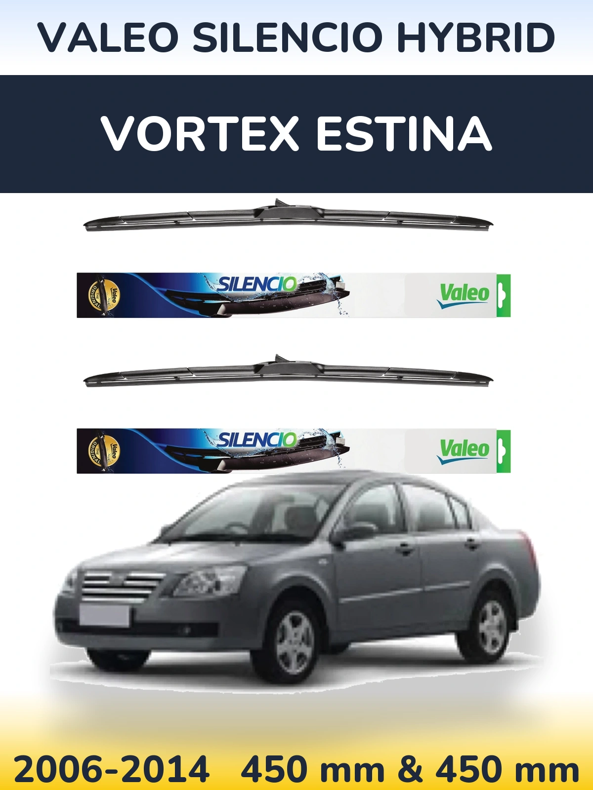 Sada předních stěračů Valeo Silencio Hybrid 450 a 450 mm pro Vortex Estina 2006-2014